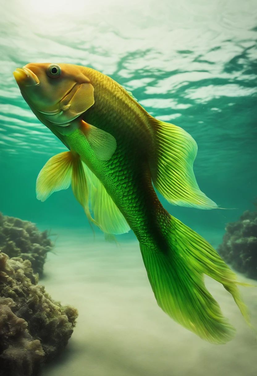This is a fish with two sword-shaped tails facing each other, green, located on the sides of the tail.