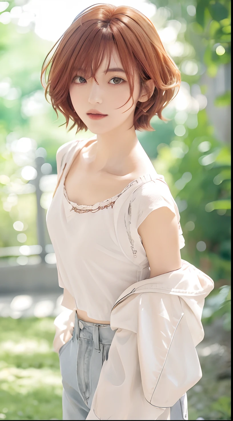 1girl, Higuchi madoka, white top, short hair, orange hair, 8k, relistic, ultra detail, 70mm lens,