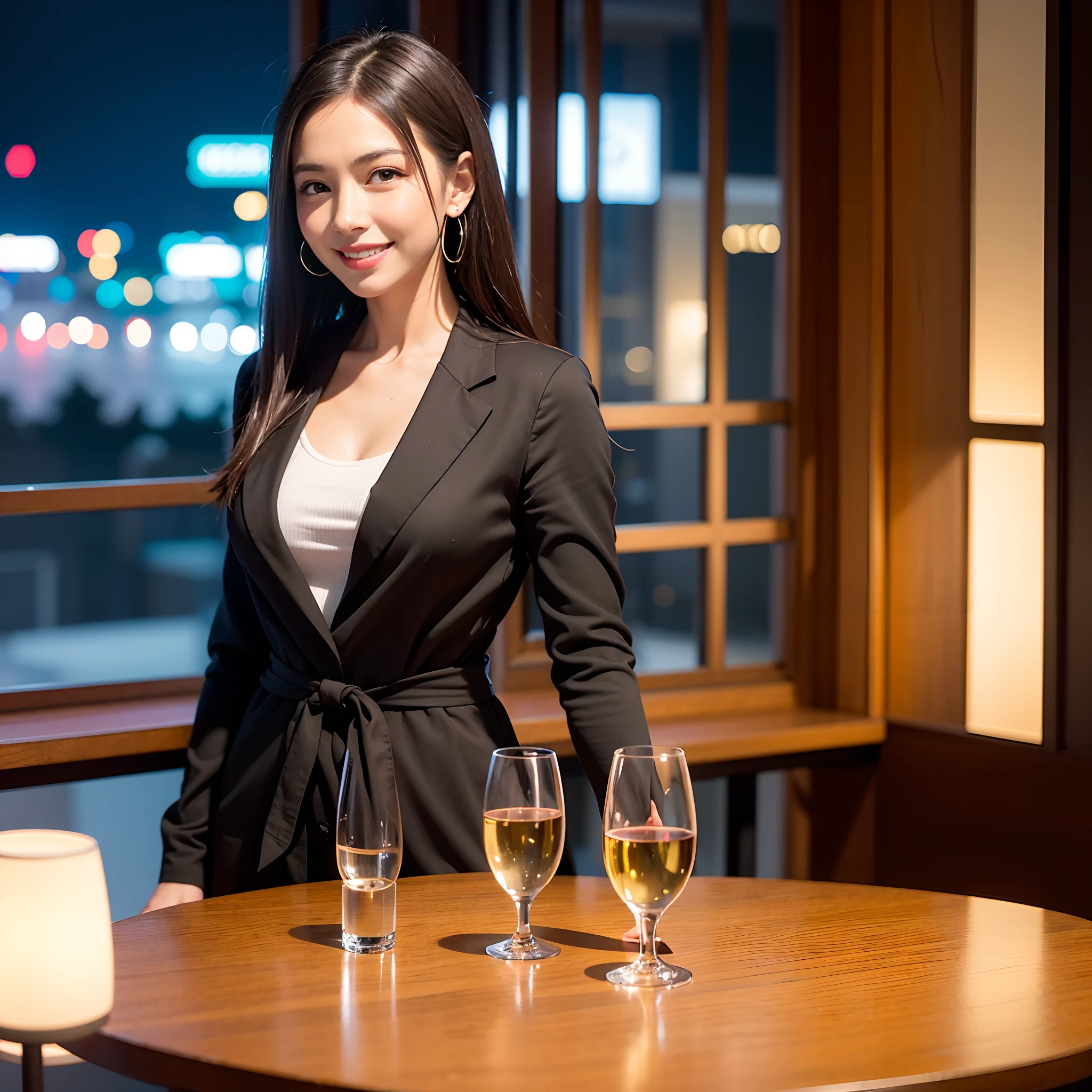 (64K, UHD, top quality, masterpiece: 1.2), (realistic, photorealistic: 1.37), super detailed, pretty woman 1 person, (slim face), (slim body), (brown hair), (short cut), cheeks slightly blushing, (41 years old), 38 years old, solo, outside the window is a beautiful detailed urban night view, restaurant, wine glasses sit, at night, in a prominent place (from the waist up) NovaFrogStyle, Actress, Model, Waist Up, White Wine, Slim, Wine Glass, Super Clean Night View, Wine Glass Put in the Middle, Happy Smile, (Smile: 1.15), Beautiful Fine Eyes, Upper Body, Bust Japan Up, Night, Short, Short, Actress, Model, Waist Up, White Wine, Slim, Wine Glass, Super Clean Night View, Wine Glass Put in the Middle, Happy Smile,