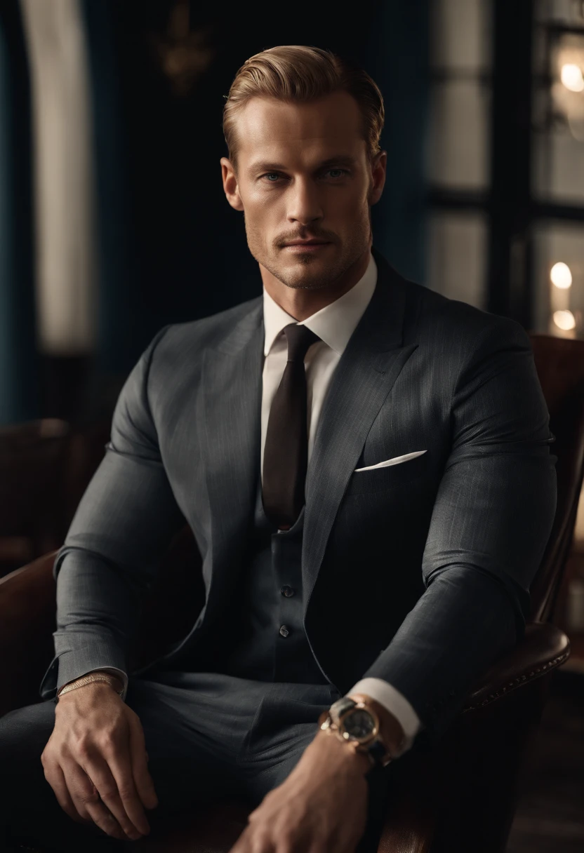 A 36 year old man, bearded, very Handsome, blonde, blue eyes, muscled, Hairy body,white sock,Ultra-thin tights(Detailed eyes:1.3),Naked topless,Nudity Everywhere,Black eyes,massive bulge,Black hairs protruding from the bulge,full body Esbian,Character sitting on a chair with arms raised, Dark hair (neck-length hair tied in a ponytail,), Nice Pose, Handsome man, Pretty Face, royal elegant pose, businessman, (In a striped blazer), (The surrounding environment is a luxurious and classic living room) (Sandtone imagery) Alexander Skarsgård face lookalike, Filip Lamprecht face lookalike, ultra realistic, royalty prince looking, old money aesthetic, Swedish looking, Joel Kinnaman lookalike, classy suit, Rolex, classic car in the background, royalty looking, wearing Ralph Lauren suit