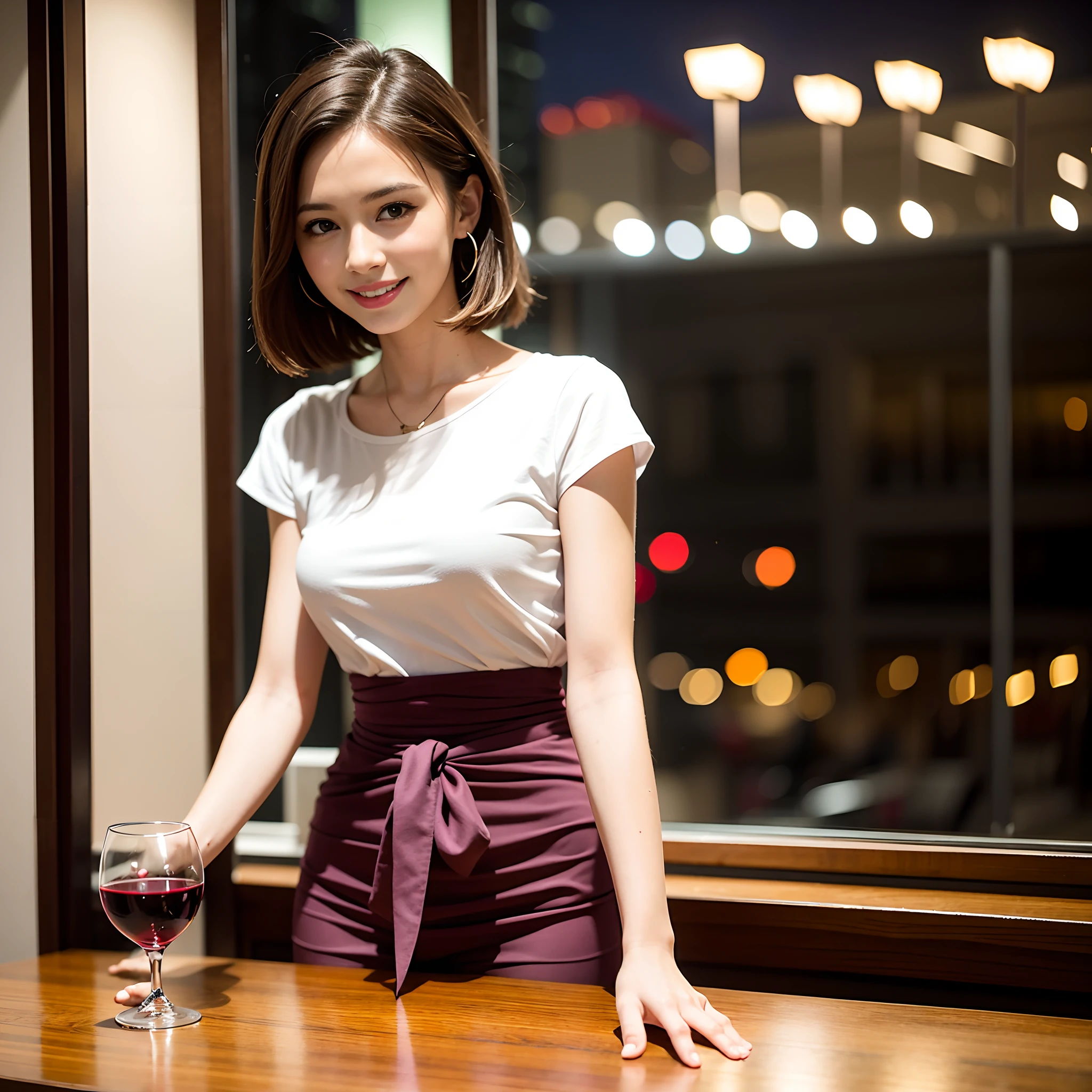 (64K, UHD, top quality, masterpiece: 1.2), (realistic, photorealistic: 1.37), super detailed, pretty woman 1 person, (slim face), (slim body), (brown hair), (short cut), cheeks slightly blushing, (41 years old), 38 years old, solo, outside the window is a beautiful detailed urban night view, restaurant, wine glasses sit, at night, in a prominent place (from the waist up) NovaFrogStyle, Actress, Model, Waist Up, White Wine, Slim, Wine Glass, Super Clean Night View, Wine Glass Put in the Middle, Happy Smile, (Smile: 1.15), Beautiful Fine Eyes, Upper Body, Bust Japan Up, Night, Short, Short, Actress, Model, Waist Up, White Wine, Slim, Wine Glass, Super Clean Night View, Wine Glass Put in the Middle, Happy Smile,