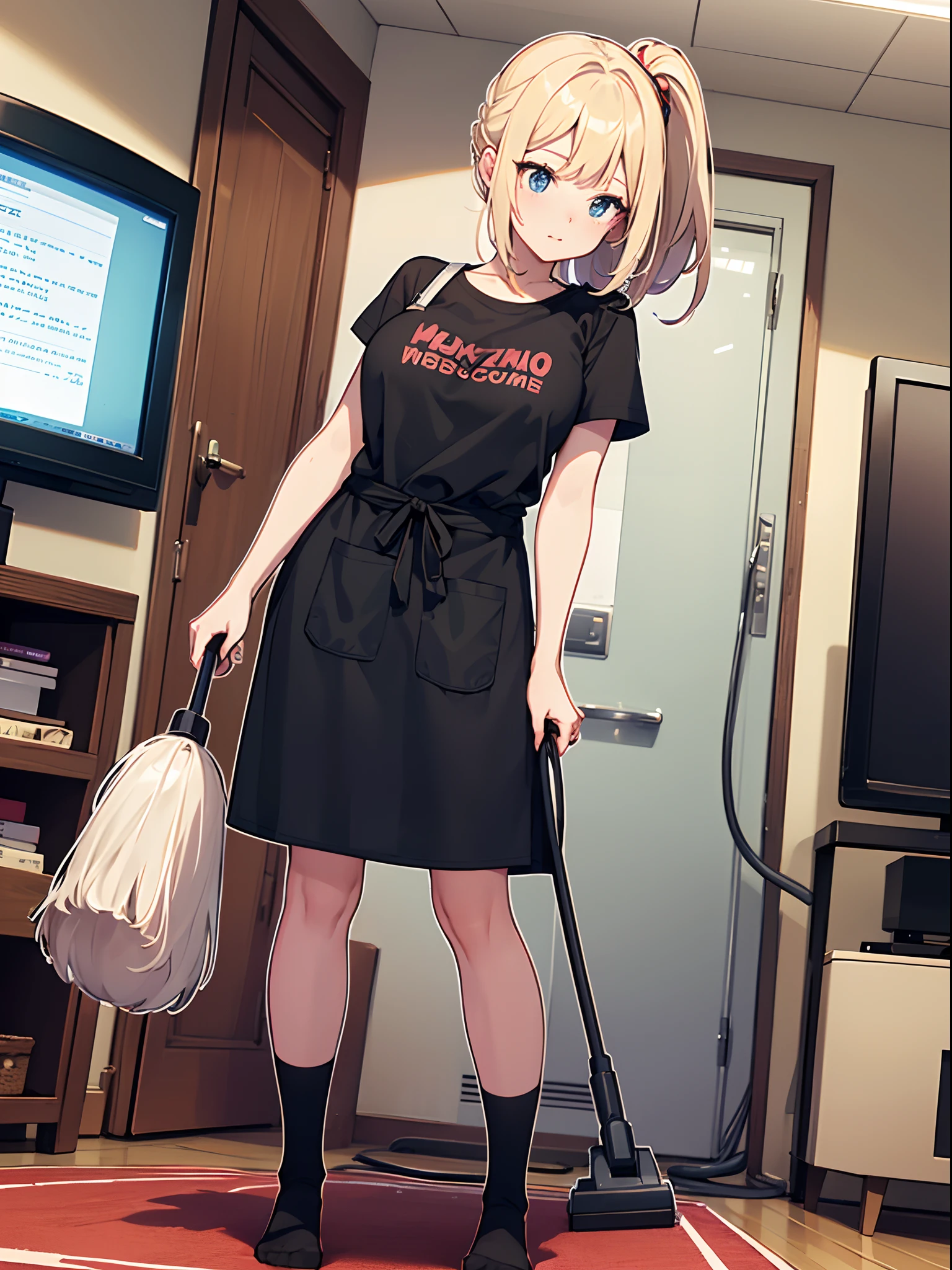 (masterpiece:1.4),ultra-detailed,(anime screencap:1.1),(sharp outline:1.3),(feet out of frame:1.0), ultra fine illustration, anime, anime gif, 1girl, solo, new wife, skinny, large breasts, lovely big anime eyes, kawaii face, random facial expressions, use style, Using realistic vacuum cleaner, vacuum cleaning the messy play room form, Shane eyes, white skin, t shirt, apron, middle skirt, no shoes, scattered toys, tv, shelf, carpet, front view, girl focus, loyal command, great composition, perfect style subject, depth of field,