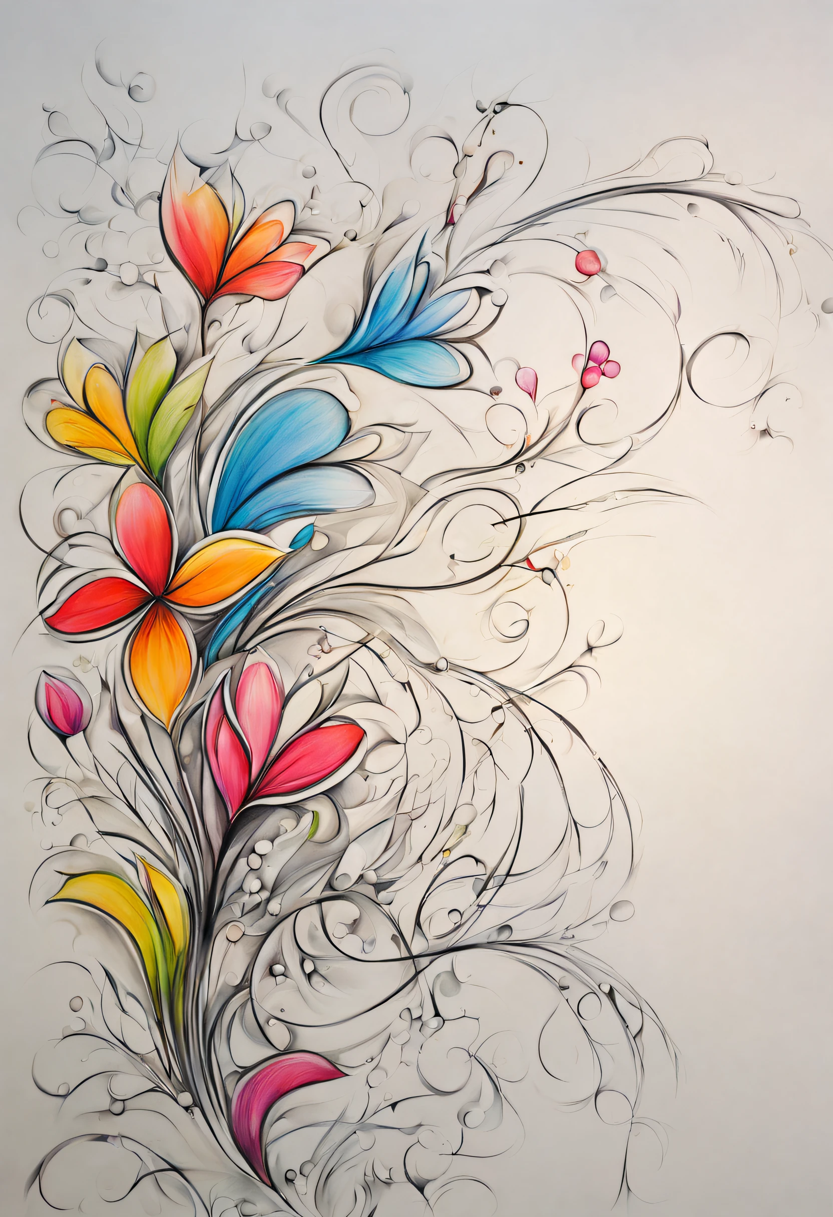 abstract flowers, good quality pencil drawing, 4 colors,