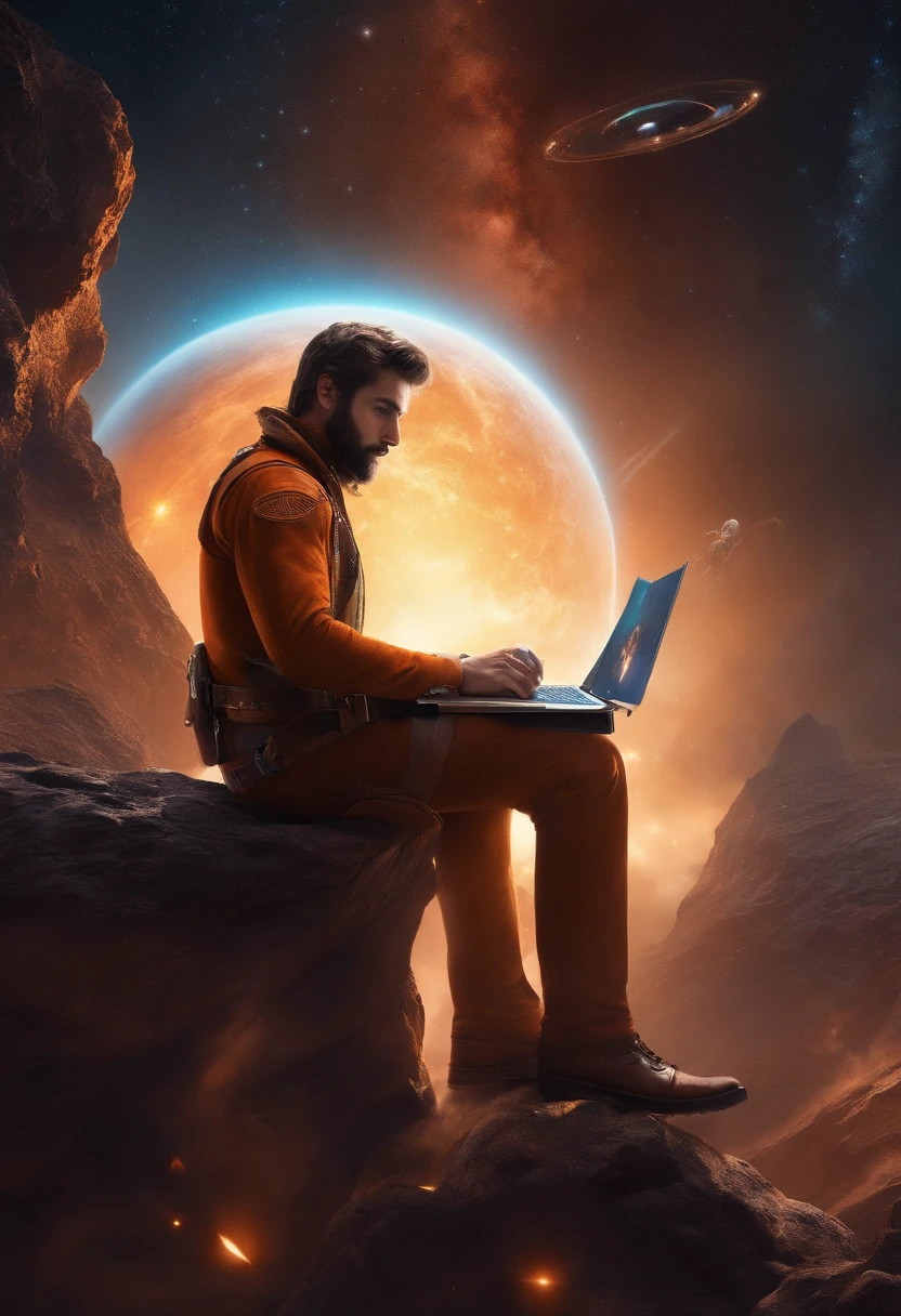Draw a young programmer, sitting on a research platform floating in the middle of an asteroid belt. He is studying with a notebook, surrounded by several asteroids glowing with fiery auras. Dramatic lighting from distant stars and planets illuminates the scene, casting deep shadows on the suit. The young man looks confident and determined, looking at the vast and mysterious universe with wonder and respect,facial hair, cowboy shot,
