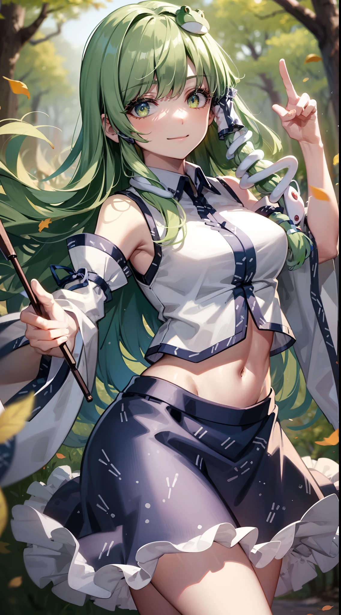 Best Quality,Ultra-detailed,Unity 8k壁纸,extremely details CG,super detailed skin,Detailed,Dynamic lighting,Beautiful detailed eyes,kochiya sanae,happy Smile,Green long hair,Green eyes,frog hair ornament, hair tubes,snake,Detached sleeves,Shirt,Long skirt,autumn leaves,stylish pose,finger to mouth,head tilt,midriff peek,