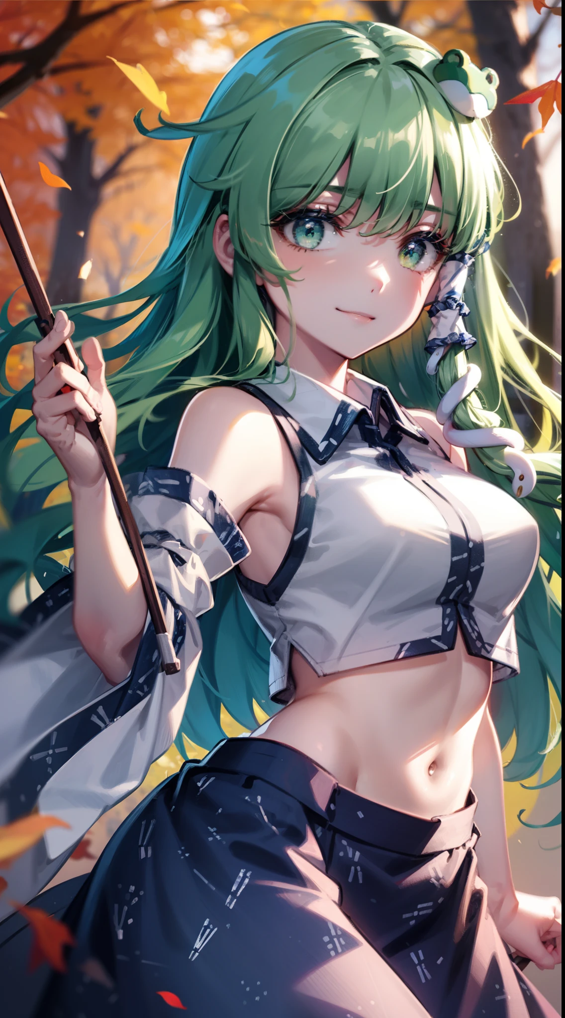 Best Quality,Ultra-detailed,Unity 8k壁纸,extremely details CG,super detailed skin,Detailed,Dynamic lighting,Beautiful detailed eyes,kochiya sanae,happy Smile,Green long hair,Green eyes,frog hair ornament, hair tubes,snake,Detached sleeves,Shirt,Long skirt,autumn leaves,stylish pose,finger to mouth,head tilt,midriff peek,