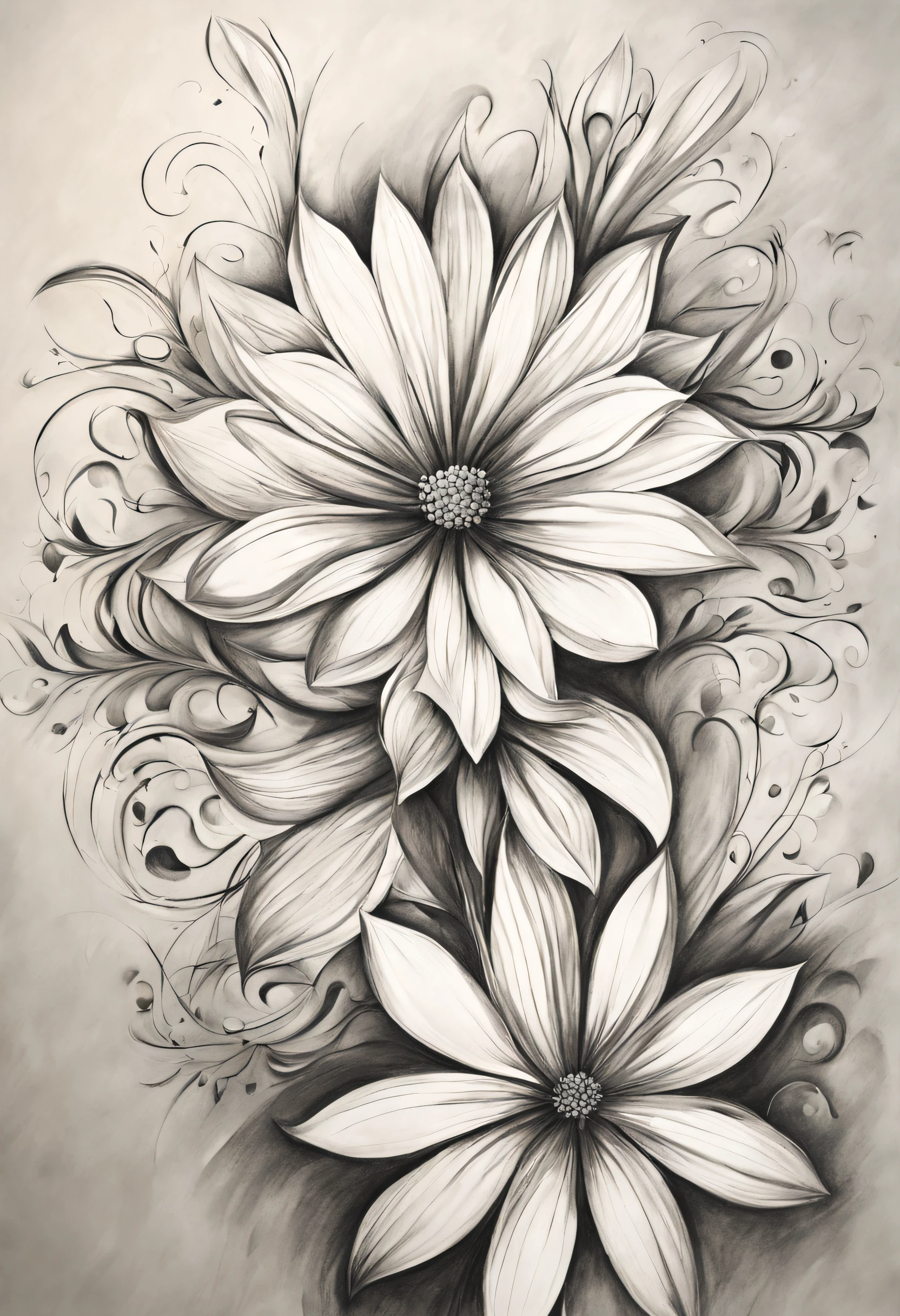 abstract flowers, good quality pencil drawing, 4 colors,