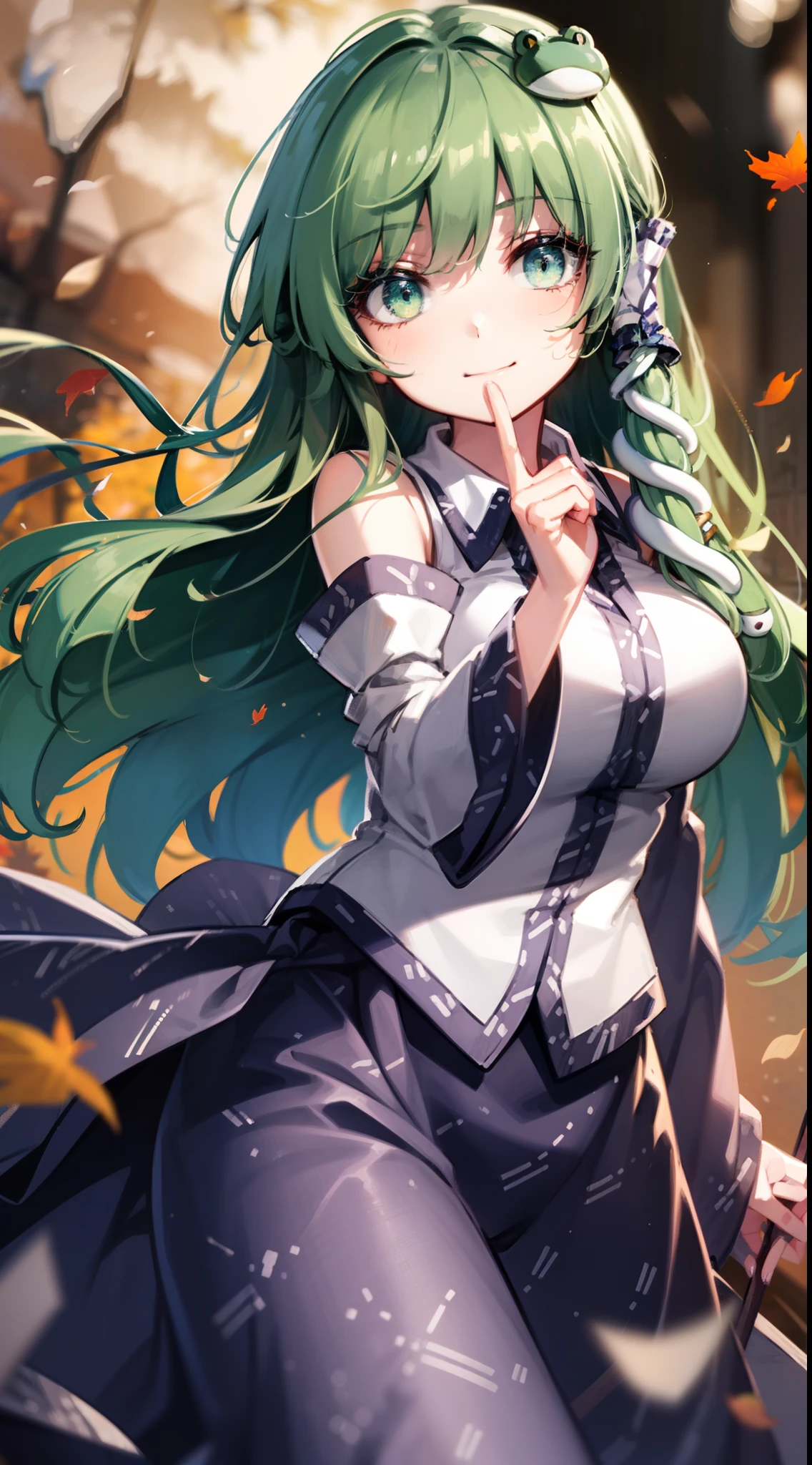 Best Quality,Ultra-detailed,Unity 8k壁纸,extremely details CG,super detailed skin,Detailed,Dynamic lighting,Beautiful detailed eyes,kochiya sanae,happy Smile,Green long hair,Green eyes,frog hair ornament, hair tubes,snake,Detached sleeves,Shirt,Long skirt,autumn leaves,stylish pose,finger to mouth,head tilt,gigantic breasts,