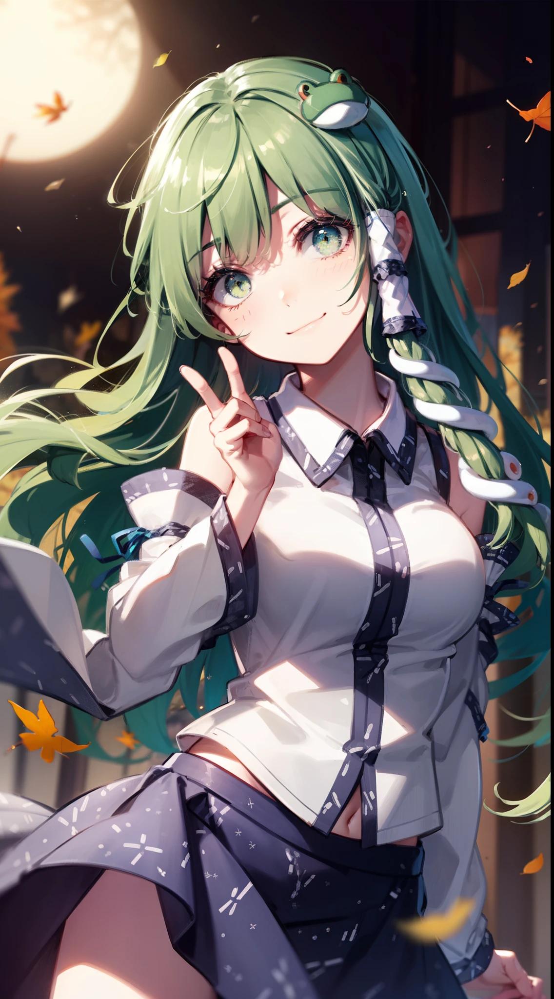 Best Quality,Ultra-detailed,Unity 8k壁纸,extremely details CG,super detailed skin,Detailed,Dynamic lighting,Beautiful detailed eyes,kochiya sanae,happy Smile,Green long hair,Green eyes,frog hair ornament, hair tubes,snake,Detached sleeves,Shirt,Long skirt,autumn leaves,stylish pose,finger to mouth,head tilt,gigantic breasts,