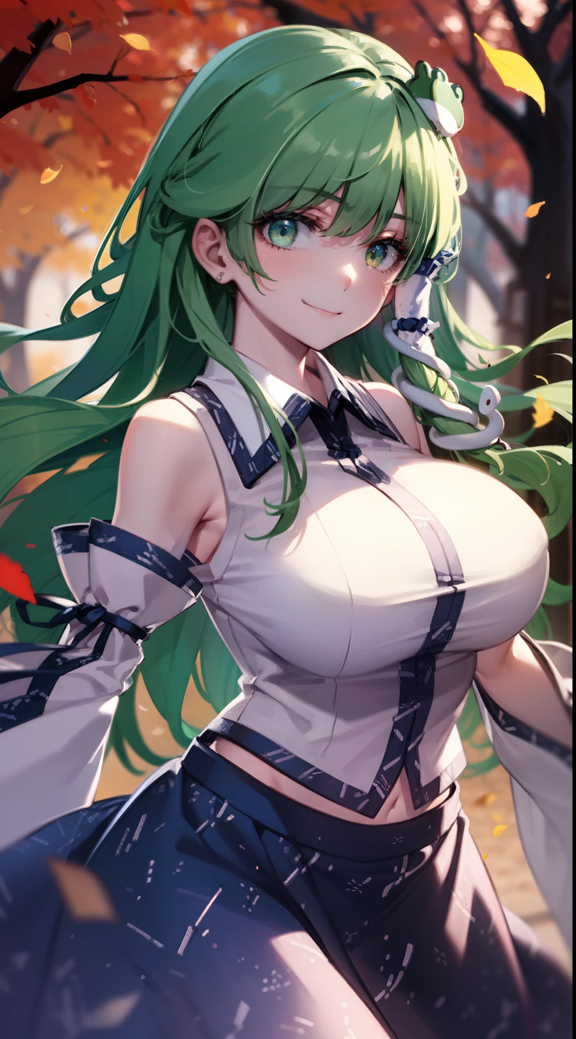 Best Quality,Ultra-detailed,Unity 8k壁纸,extremely details CG,super detailed skin,Detailed,Dynamic lighting,Beautiful detailed eyes,kochiya sanae,happy Smile,Green long hair,Green eyes,frog hair ornament, hair tubes,snake,Detached sleeves,Shirt,Long skirt,autumn leaves,dynamic pose,gigantic breasts,