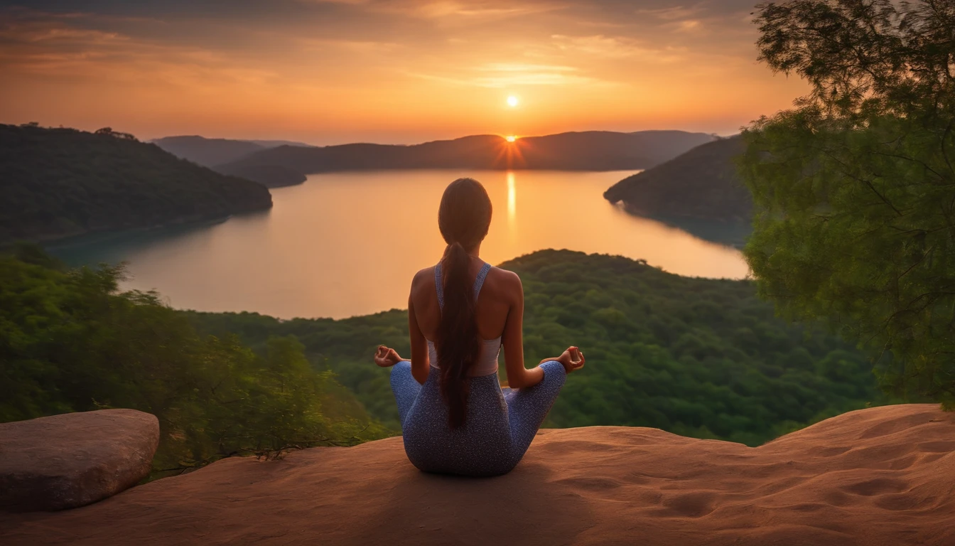 Beautiful lady sitting in meditation position with her back to each other, Contemplate the beautiful horizon as the sun sets, Man has a deep connection with God, The landscape is super detailed, Ultra-realistic man, All good,It's beautiful, hyper qualit. 8K realism
