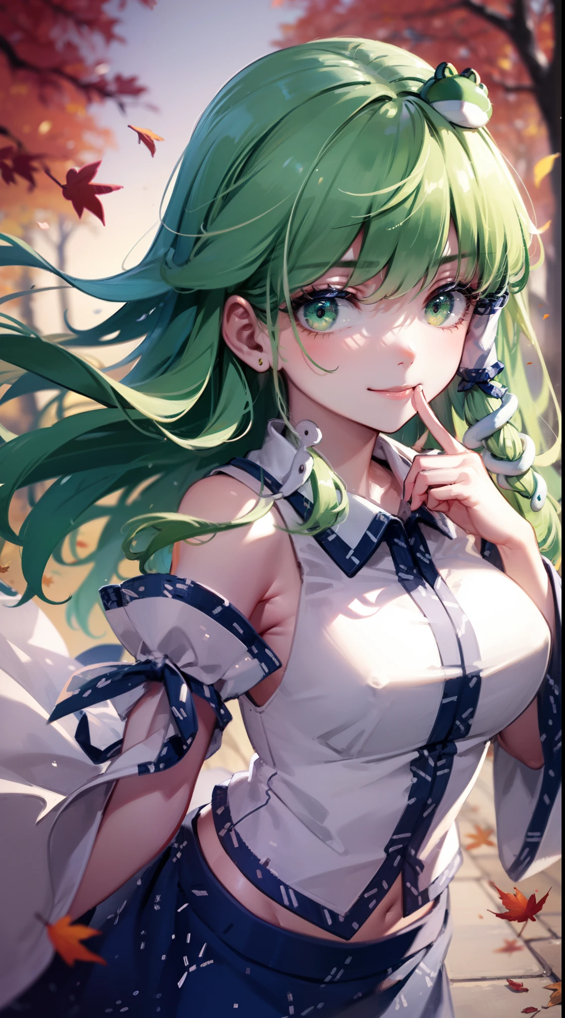 Best Quality,Ultra-detailed,Unity 8k壁纸,extremely details CG,super detailed skin,Detailed,Dynamic lighting,Beautiful detailed eyes,kochiya sanae,happy Smile,Green long hair,Green eyes,frog hair ornament, hair tubes,snake,Detached sleeves,Shirt,Long skirt,autumn leaves,stylish pose,finger to mouth,head tilt,glistening skin,