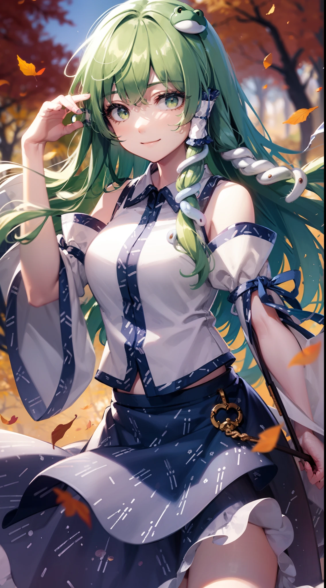 Best Quality,Ultra-detailed,Unity 8k壁纸,extremely details CG,super detailed skin,Detailed,Dynamic lighting,Beautiful detailed eyes,kochiya sanae,happy Smile,Green long hair,Green eyes,frog hair ornament, hair tubes,snake,Detached sleeves,Shirt,Long skirt,autumn leaves,stylish pose,finger to mouth,head tilt,glistening skin,