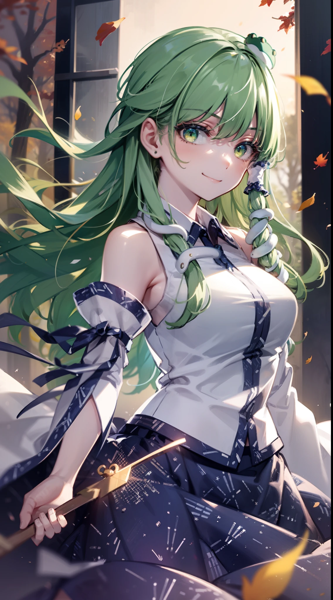 Best Quality,Ultra-detailed,Unity 8k壁纸,extremely details CG,super detailed skin,Detailed,Dynamic lighting,Beautiful detailed eyes,kochiya sanae,happy Smile,Green long hair,Green eyes,frog hair ornament, hair tubes,snake,Detached sleeves,Shirt,Long skirt,autumn leaves,dynamic pose,glistening skin,