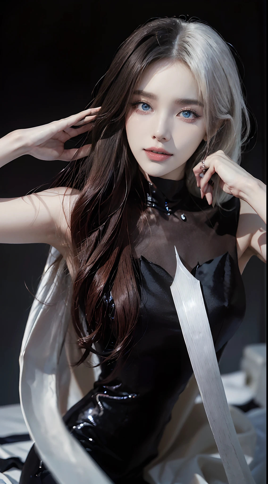((4K works))、masterpiece、(top-quality)、((One Beautiful Villain Girl))、Slim body、tall、((Villain Black Dress Fashion))、(Detailed beautiful eyes)、Shot at White Castle, Where the villain queen lives、((Face similar to Carly Rae Jepsen))、((Long boyish red hair))、((Smaller face))、((Neutral face))、((Bright blue eyes))、((American adult women))、((Adult female 26 years old))、((cool lady))、((Like a celebrity))、((Like the villain queen))、((Smiling expression))、((Korean Makeup))、((elongated and sharp eyes))、((boyish))、((Villain Queen))、((Photograph her from afar))、((Shot diagonally from the side))、Professional Photos、Villain Queen photo、villain pose、((Shot alone))