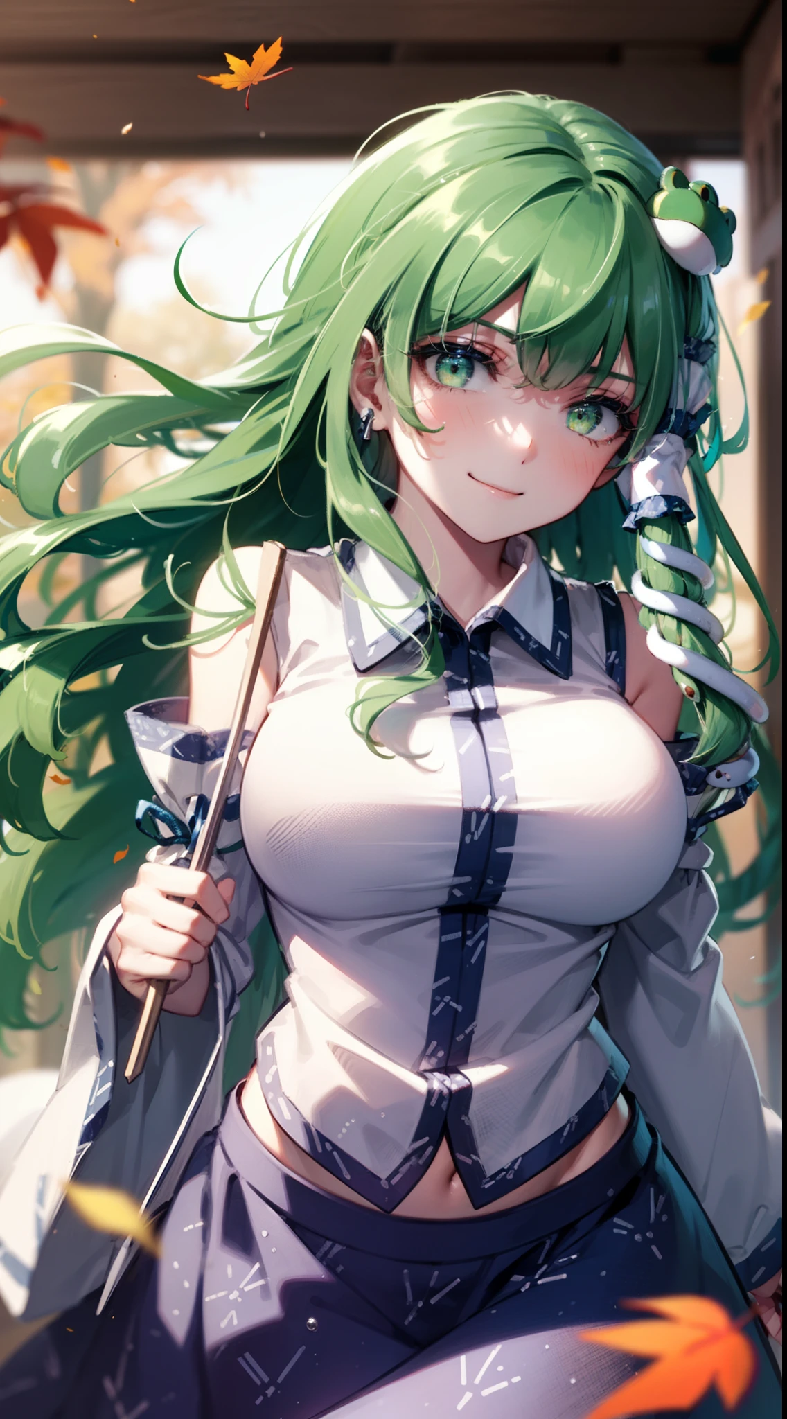 Best Quality,Ultra-detailed,Unity 8k壁纸,extremely details CG,super detailed skin,Detailed,Dynamic lighting,Beautiful detailed eyes,kochiya sanae,happy Smile,Green long hair,Green eyes,frog hair ornament, hair tubes,snake,Detached sleeves,Shirt,Long skirt,autumn leaves,dynamic pose,glistening skin,