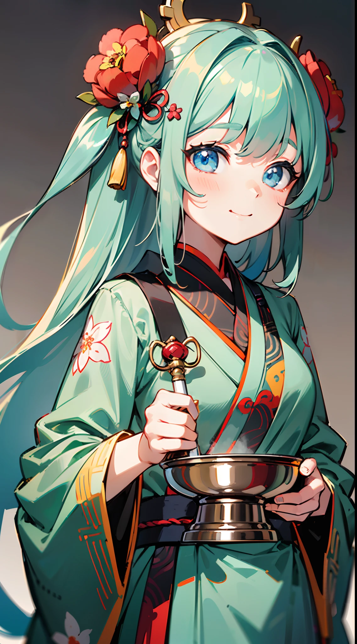 Anime girl with blue hair holding a sword and a bowl - SeaArt AI