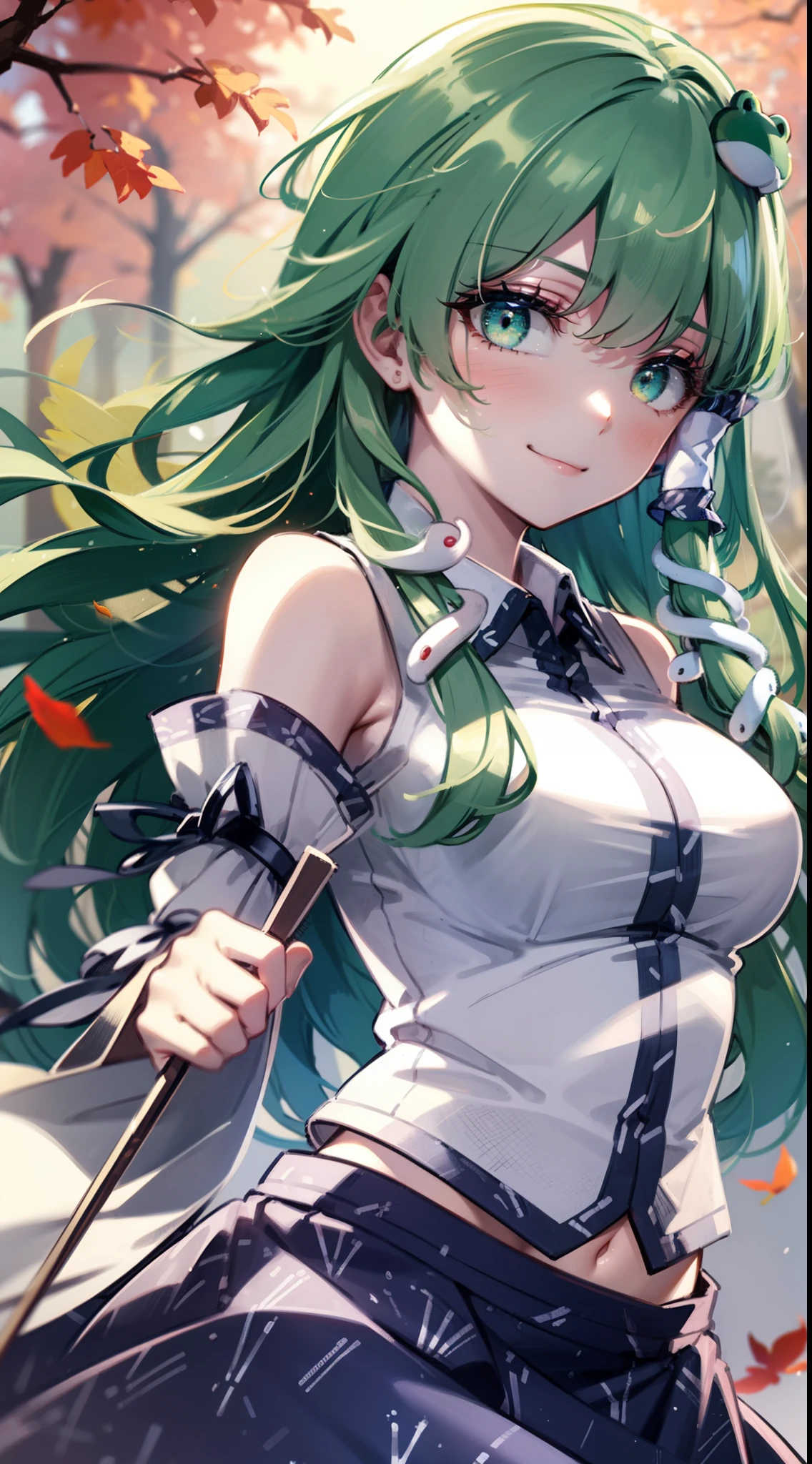 Best Quality,Ultra-detailed,Unity 8k壁纸,extremely details CG,super detailed skin,Detailed,Dynamic lighting,Beautiful detailed eyes,kochiya sanae,happy Smile,Green long hair,Green eyes,frog hair ornament, hair tubes,snake,Detached sleeves,Shirt,Long skirt,autumn leaves,dynamic pose,glistening skin,