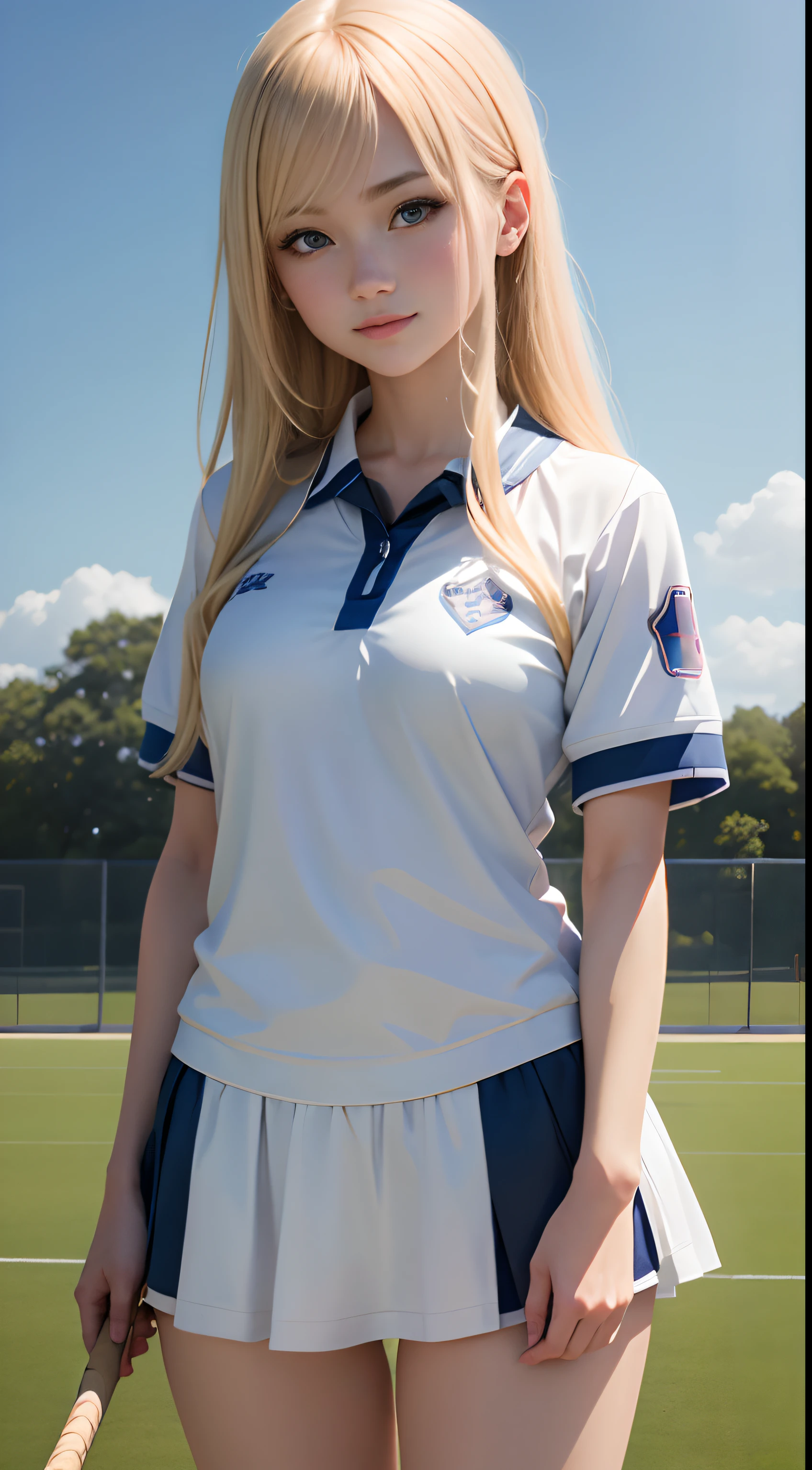 1girl in、Top image quality、Young Women、hposing Gravure Idol、a blond、blue eyes、Lacrosse court on background、Lacrosse Uniforms、Buruma、A slender、realisticlying、ren、A slight smil、Be sure to draw your face、Correctly depict the structure of the human body、Sporty poses、