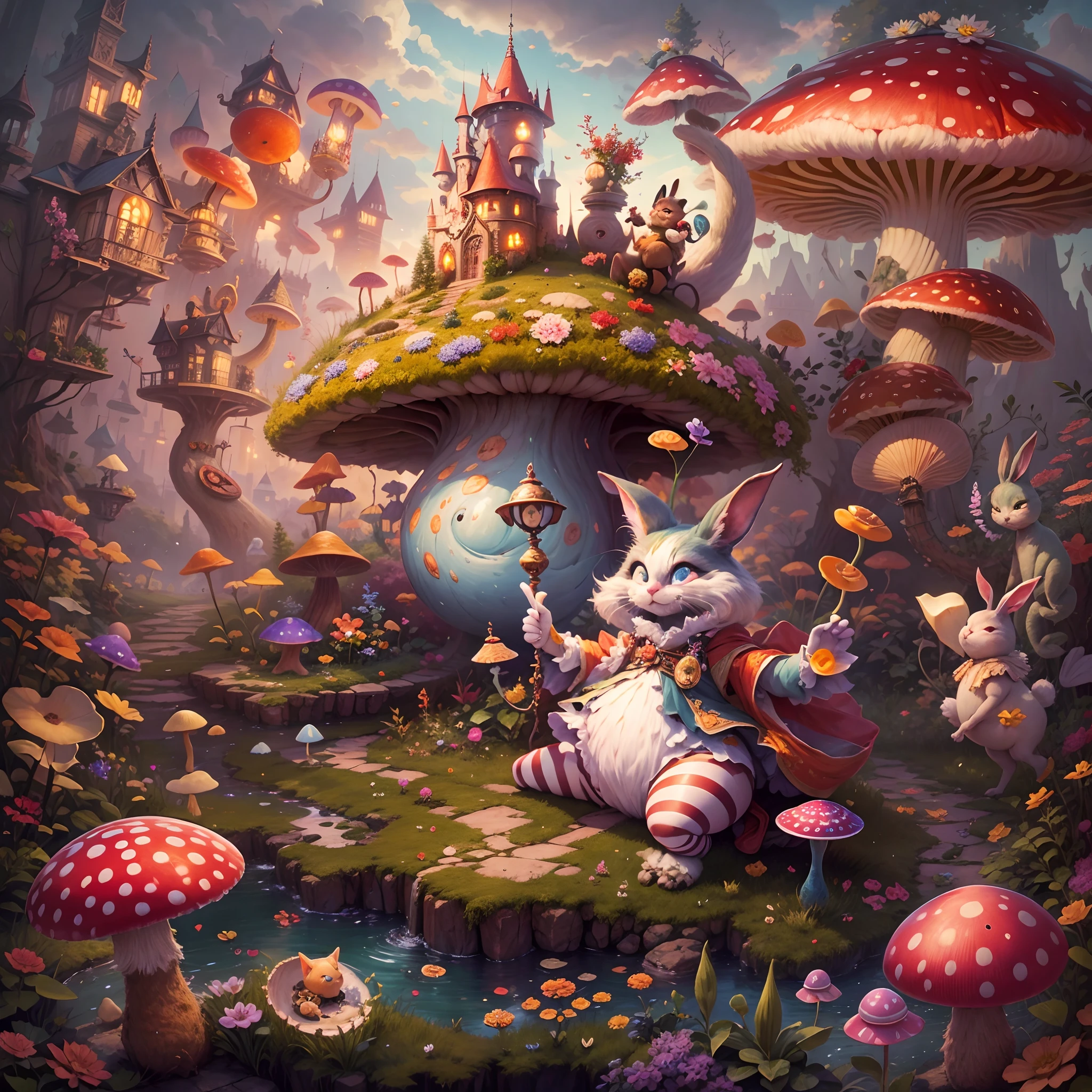 Best quality,4K,8K,A high resolution,Masterpiece:1.2,Ultra-detailed,Realistic:1.37,in wonderland,illustration,Colorful scenery,Rabbit hole,an enchanted forest,magic mushrooms,Curious Alice,Image in dreams,Whimsical characters,Break into a crazy tea party,Floating playing cards,Castle of the Queen of Hearts,Caterpillar on a mushroom smoking hookah,Curious creatures hiding in the bushes,Cheshire cat's mischievous smile,Dancing flowers and talking animals,Painterly feeling,Surreal,imagination,Renaissance inspiration,Soft and warm color palette,dreamatic lighting