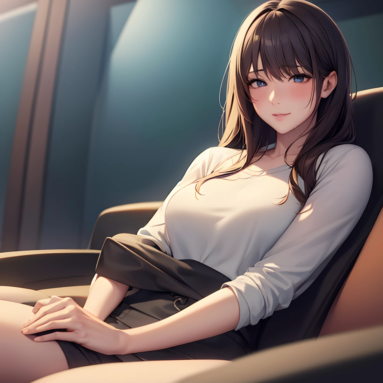 semirealistic anime art style,4k digital art,woman sitting next in movietheater and touching her wetty pussy,blushed,skirt lifted