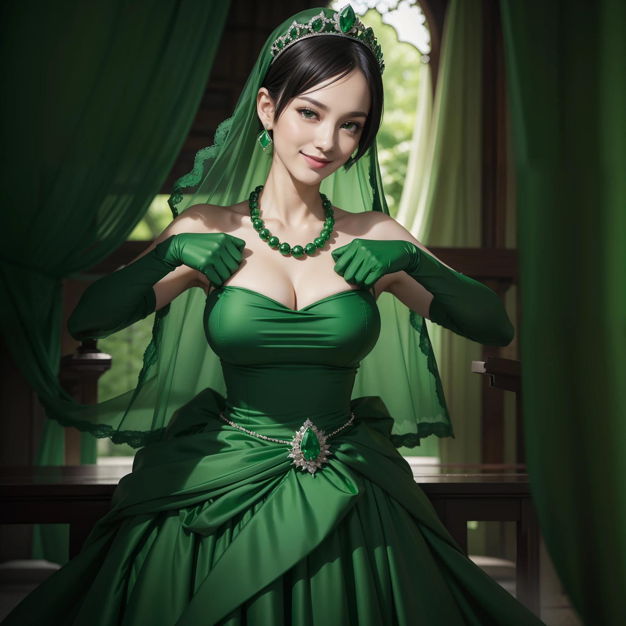 emerald tiara, Green Pearl Necklace, Boyish very short black hair, lipsticks, Japan woman smiling, very short short hair, big breasts beautiful, Green eyes, Long green gloves made of satin material, Green eyes, Emerald Earrings, Day Church, Fold your hands