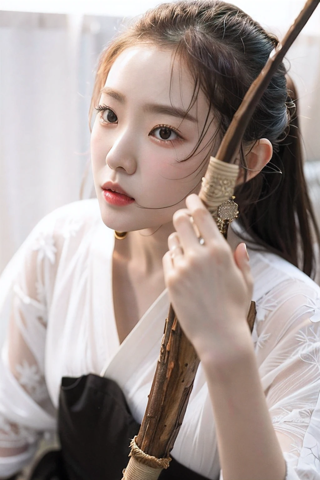 There was a woman with a bow and a stick in her hand, young lovely Korean faces, Beautiful young Korean woman, Korean woman, beautiful Korean women, young cute wan asian face, Gorgeous young Korean woman, Kwak Ji-young, Korean face features, iu lee ji-eun as a super villain, Korean girl, female actress from korea, wearing long white togas