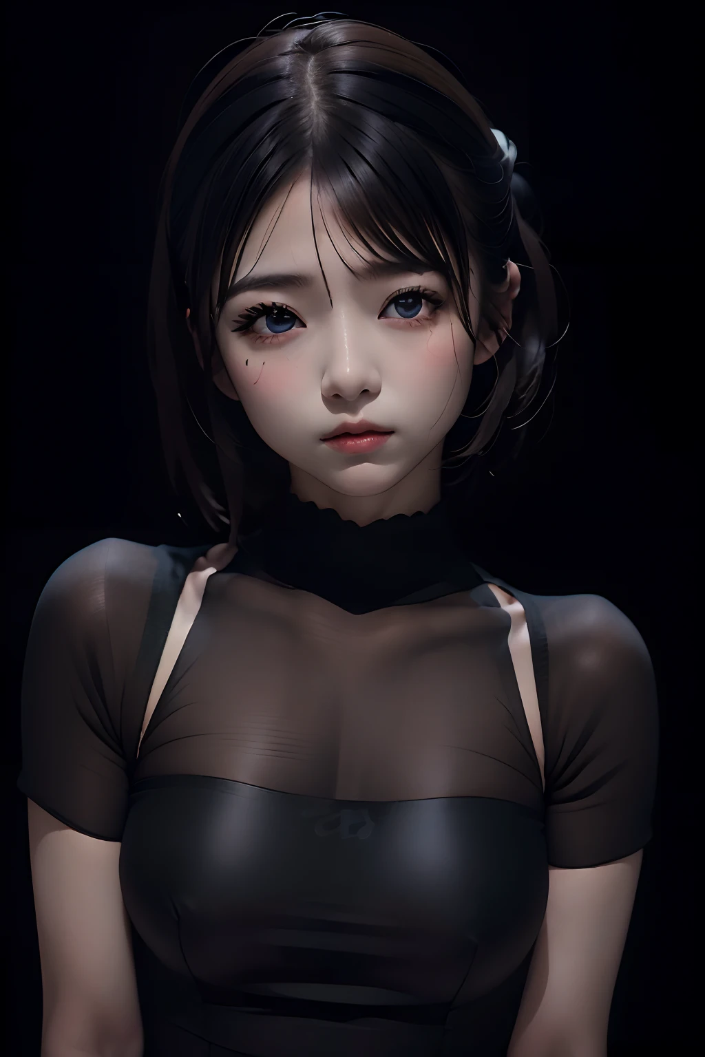 (((Black background:1.3)))、Best Quality, masutepiece, High resolution, (((1girl in))), ,(((Black eyes:1.3)))、Black dress、((Black shirt:1.3、Black Block Dress)), Tindall Effect, Realistic, Shadow Studio,Ultramarine Lighting, dual-tone lighting, (High Detail Skins: 1.2)、Pale colored lighting、Dark lighting、 Digital SLR, Photo, High resolution, 4K, 8K, Background blur,Fade out beautifully、Black World、Black background