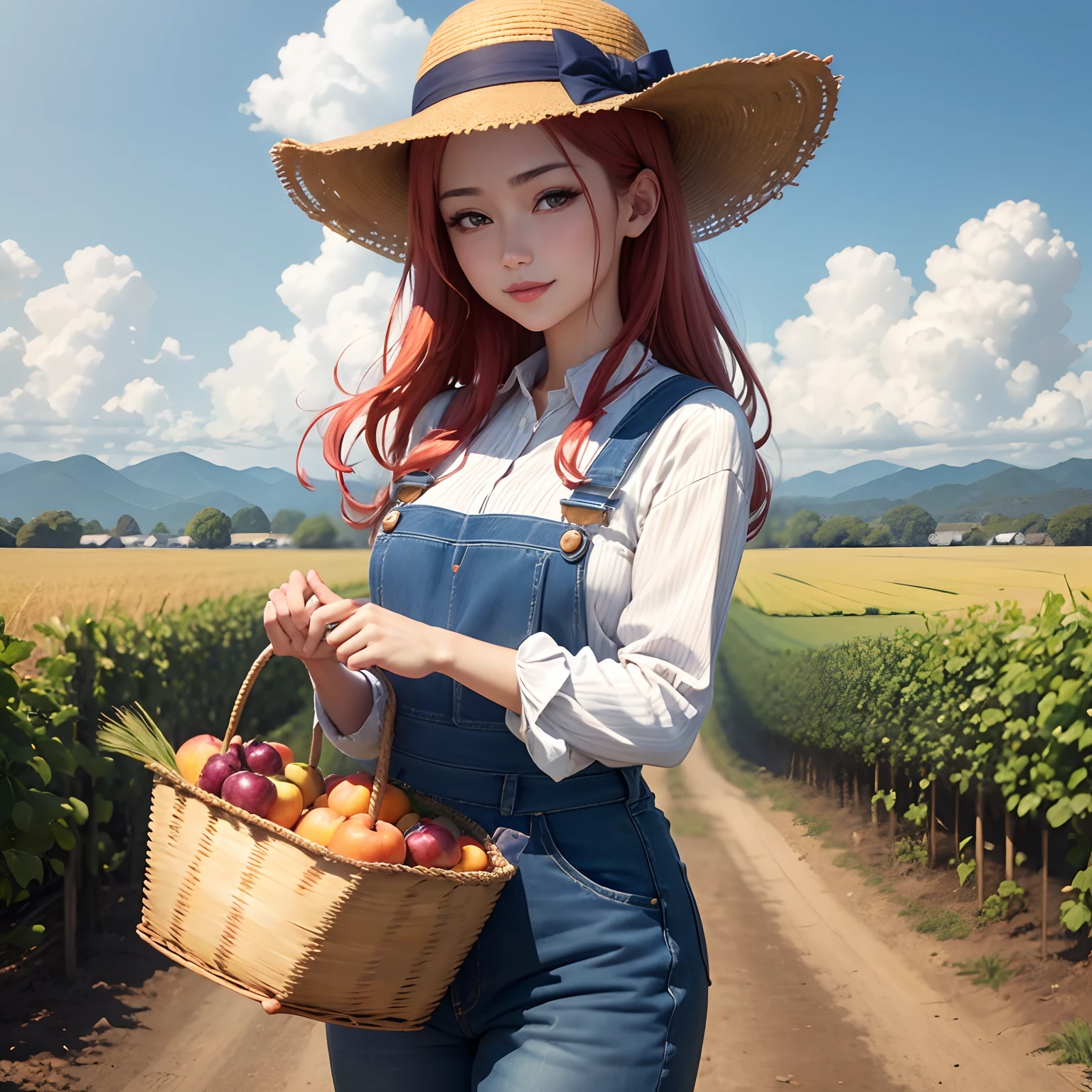 masterpiece、top-quality、16k、8k、4k、hight resolution、ultra-detailliert、Hirohiko Araki、Ocean wind、1 beautiful woman、The upper part of the body、big eye、Red eyes、Looking at this、Thicker lips、red lipsticks、Slender eyes、Red-haired、Okappa、a straw fedora hat、Farm work clothes、Navy blue overalls、White long-sleeved shirt、Holding a basket in both hands、A bowl of fruits and vegetables in a basket、peaches、Grapes、Apple、chestnut、sweet potato、blue-sky、A little bit of clouds、Great smile、In the wheat field