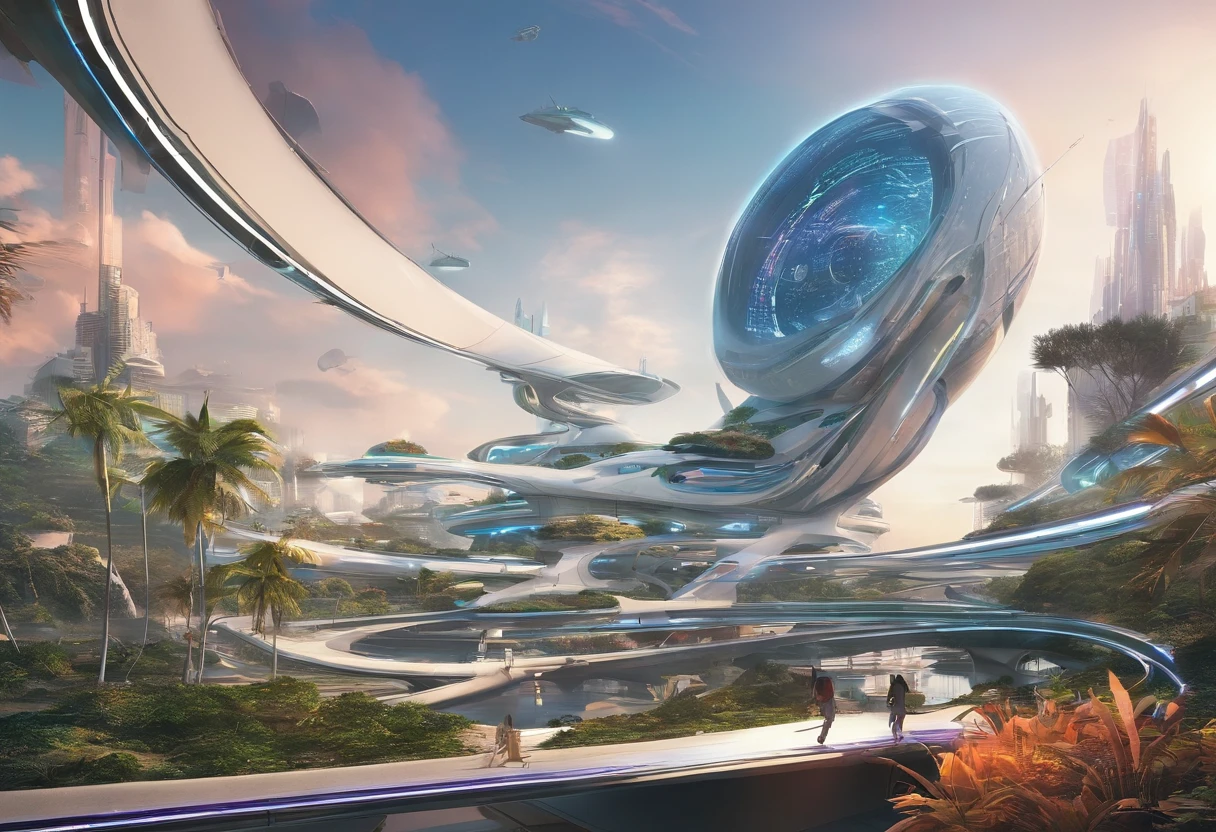 The city of the future,a plant,overpass,ocean water,house,