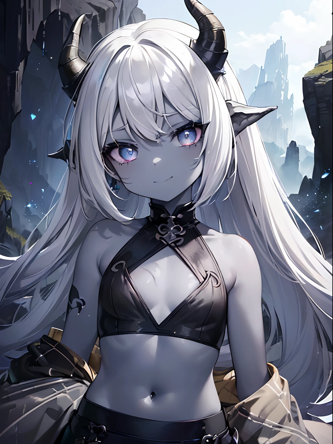 (masterpiece,best quality,ultra-detailed),1girl,smirk, glowing eyes,(multicolored hair,grey black and white hair,(messy hairstyle),horns,(dragon girl),crop top,(colored skin,blue-gray skin), beautiful and detailed face, detailed eyes,((petite)),((li)),small chest,in a cave