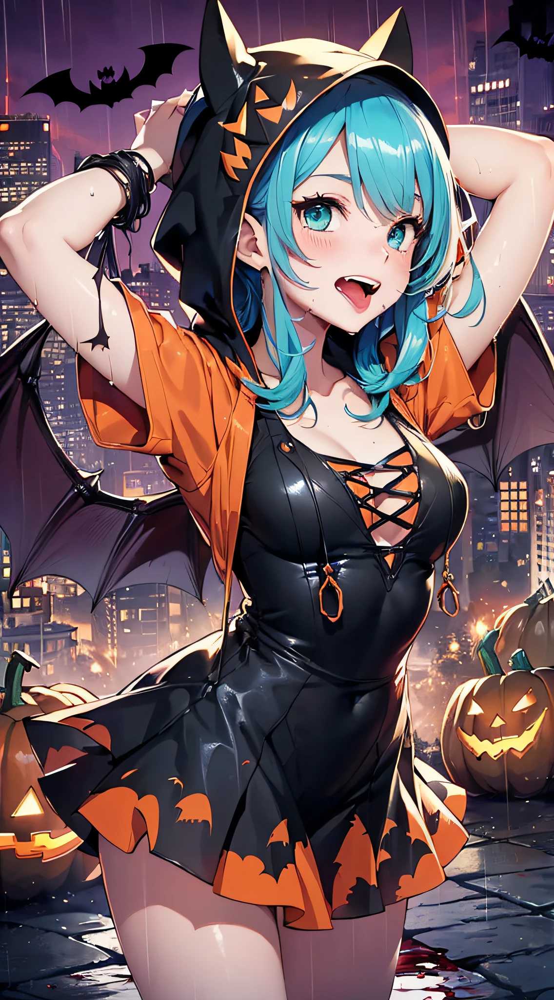 top-quality、Top image quality、masterpiece、s girl((18year old,Succubus、Black and orange tattered tank top,Tattered orange and black short skirt、Tattered orange short-sleeved hoodie、Wearing a hood,Best Bust、Bust 90、Light blue shiny hair、Longhaire,Blue-green eyes、open chest wide、Valley、Happiness、A slender、the whole body is wet、Leaning forward、Prank、Laughing mouth、Spread your arms、Pointed teeth、Black wings))hiquality、Beautiful Art、Background with((night cityscape、Red sky、Very heavy rain of blood,Halloween、the bats、pumpkins))、masutepiece、Elaborate design、visualart、Theatrical films