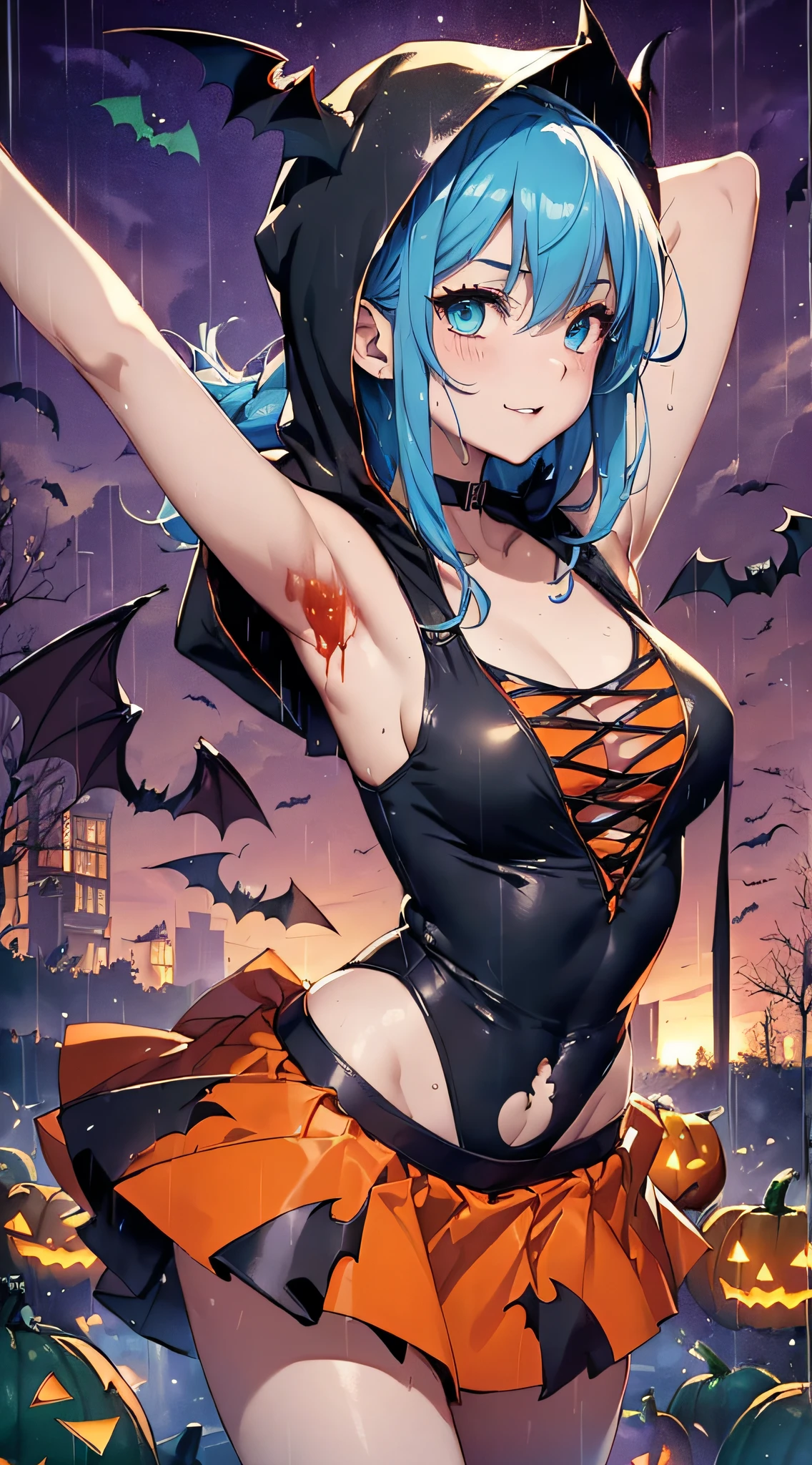 top-quality、Top image quality、masterpiece、teens girl((18year old,Succubus、Black and orange tattered tank top,Tattered orange and black short skirt、Tattered orange short-sleeved hoodie、Wearing a hood,Best Bust、Bust 90、Light blue shiny hair、Longhaire,Blue-green eyes、open chest wide、Valley、Happiness、A slender、the whole body is wet、Leaning forward、Prank、Laughing mouth、Spread your arms、Pointed teeth、Black wings))hiquality、Beautiful Art、Background with((night cityscape、Red sky、Very heavy rain of blood,Halloween、the bats、pumpkins))、masutepiece、Elaborate design、visualart、Theatrical films