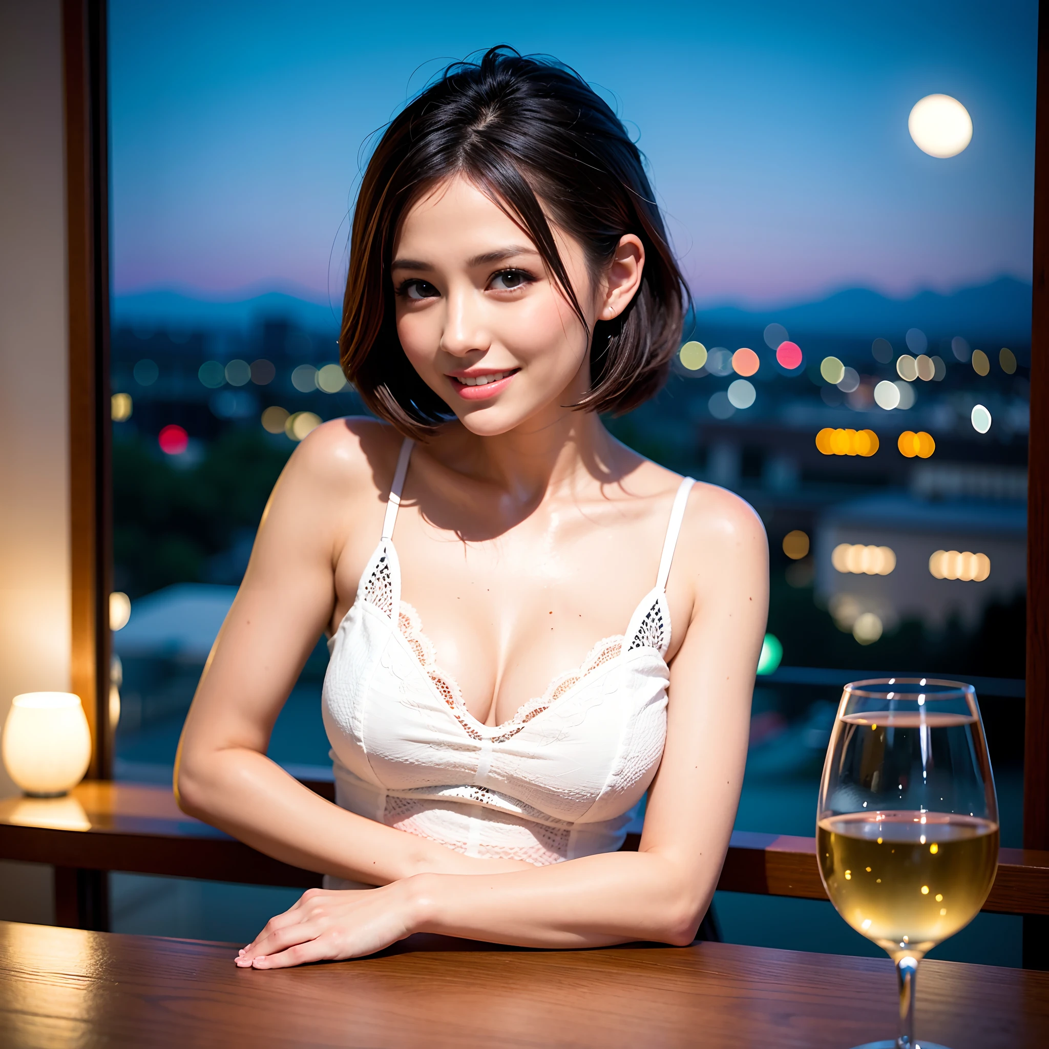 (64K, UHD, top quality, masterpiece: 1.2), (realistic, photorealistic: 1.37), super detailed, pretty woman 1 person, (slim face), (slim body), (brown hair), (short cut), cheeks slightly blushing, (35 years old), 38 years old, solo, beautiful detailed urban night view outside the window, restaurant, wine glasses sit, at night, in a prominent place (from the waist up) NovaFrogStyle, Actress, Model, Waist Up, White Wine, Slim, Wine Glass, Super Clean Night View, Wine Glass Put in the Middle, Happy Smile, (Smile: 1.15), Beautiful Fine Eyes, Upper Body, Bust Japan Up, Night, Short, Short, Actress, Model, Waist Up, White Wine, Slim, Wine Glass, Super Clean Night View, Wine Glass Put in the Middle, Happy Smile,