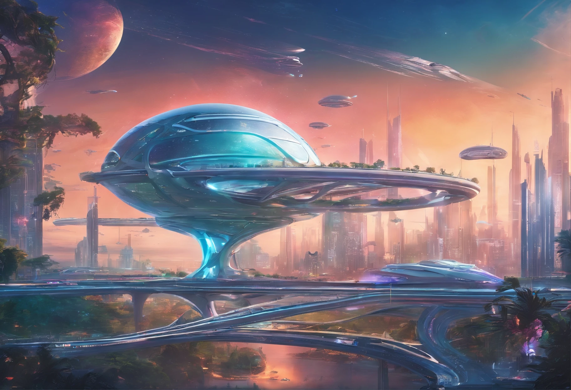 The city of the future,a plant,overpass,ocean water,house,