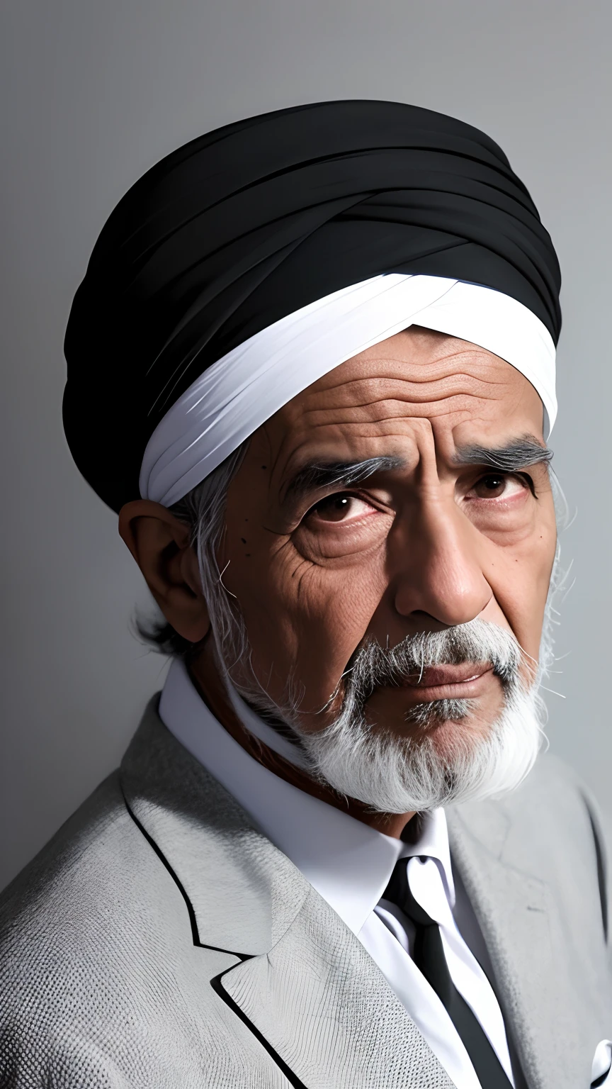 retrato, ultra realista, velho de 90 anos, negro, usando um turbante, chorando, cabelo cumprido.