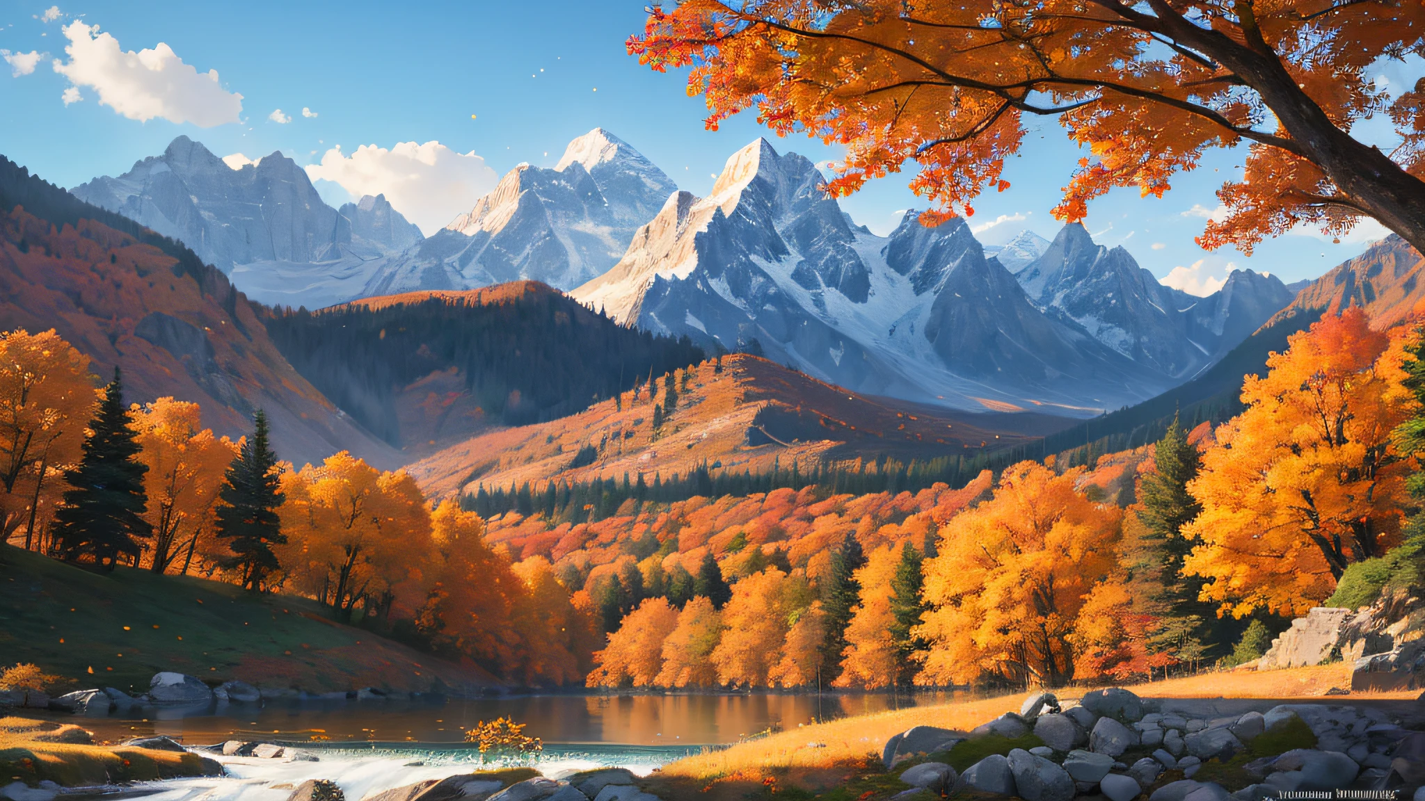 Scenery, mountain, floating leaves, autumn, light and shadow, dream, shooting stars in the sky , evening