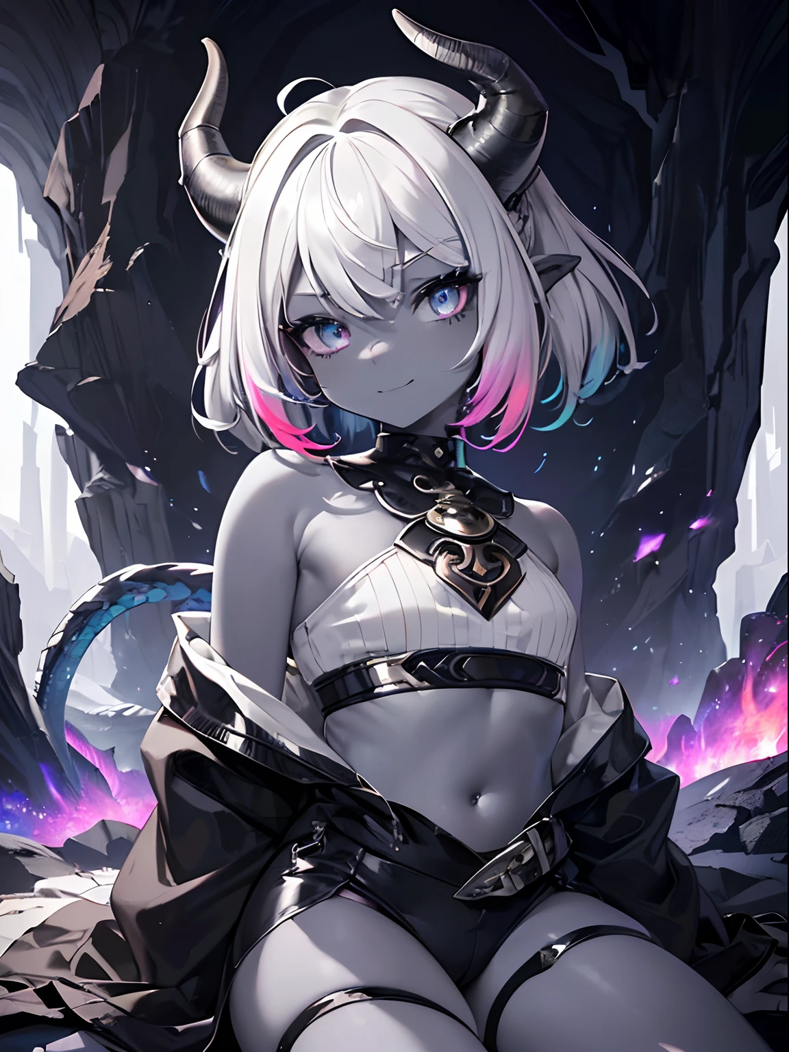 (masterpiece,best quality,ultra-detailed),1girl,smirk, glowing eyes,(multicolored hair,grey black and white hair,(messy hairstyle),horns,(dragon girl),crop top,(colored skin,blue-gray skin), beautiful and detailed face, detailed eyes,((petite)),((loli)),small chest,in a cave