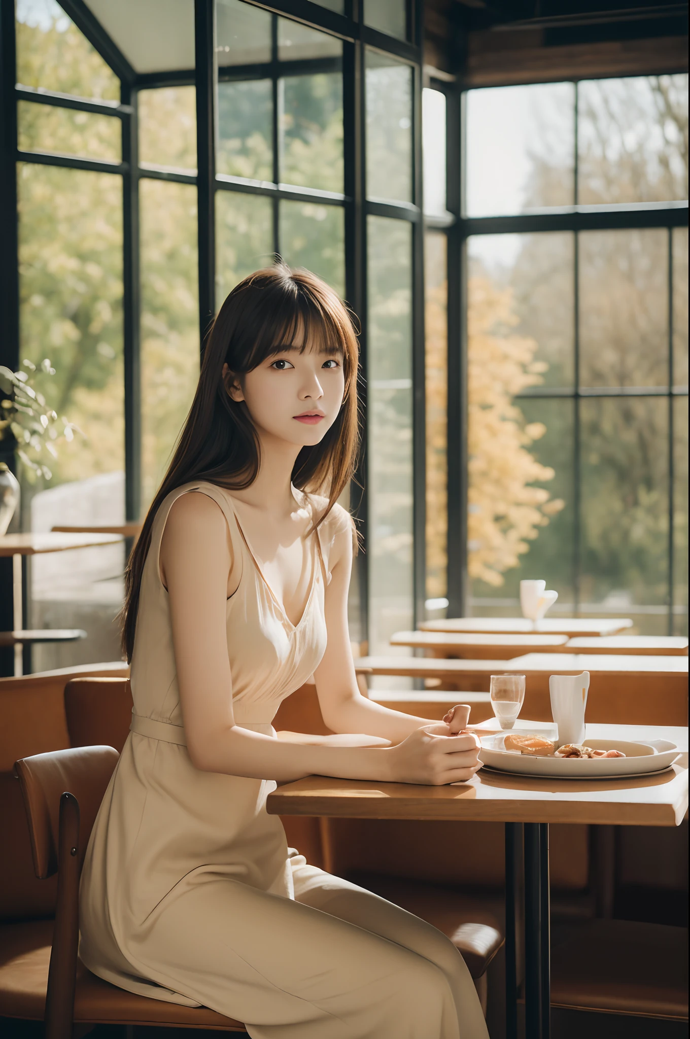 (masutepiece), (Best Quality), 8K resolution, 1girl in, Asian Girl, stunning beauty, Perfect face, infp young woman, 20yr old, Sexy, Sunny, Sitting, Autumn, Indoor, in a cafe, Autumn clothes,  check dress, Cinematic, lowkey, Old film color, film photography