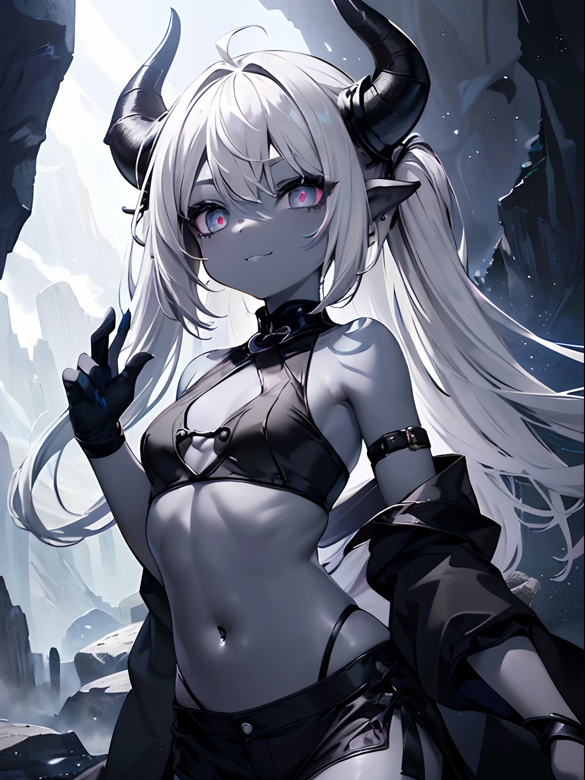 (masterpiece,best quality,ultra-detailed),1girl,smirk, glowing eyes,(multicolored hair,grey black and white hair,(messy hairstyle),horns,(dragon girl),crop top,(colored skin,blue-gray skin), beautiful and detailed face, detailed eyes,((petite)),((loli)),small chest,in a cave