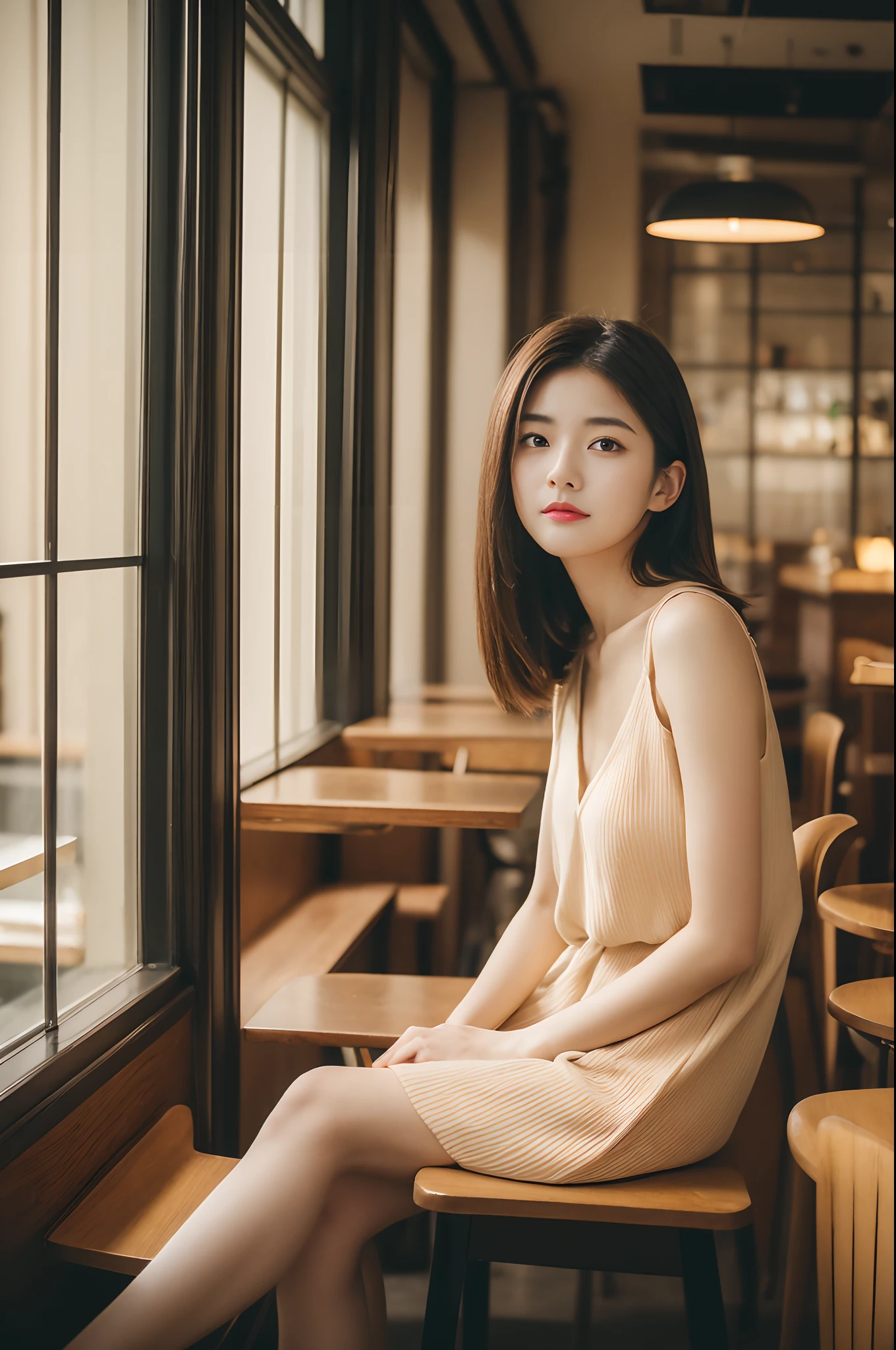 (masutepiece), (Best Quality), 8K resolution, 1girl in, Asian Girl, stunning beauty, Perfect face, infp young woman, 20yr old, Sexy, Sunny, Sitting, Autumn, Indoor, in a cafe, Autumn clothes,  check dress, Cinematic, lowkey, Old film color, film photography