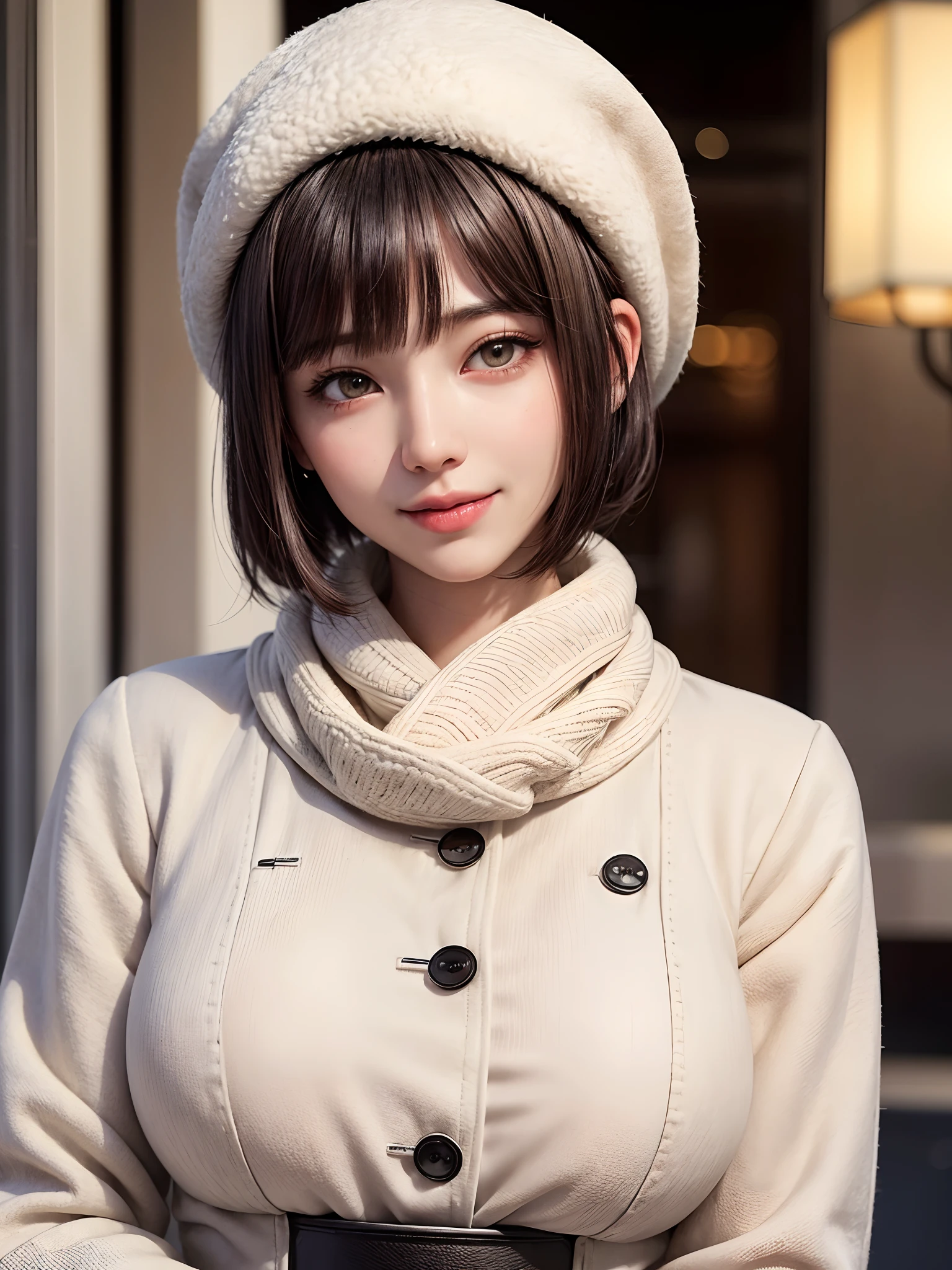 (​masterpiece, top-quality、Beautiful woman full of adult charm８),1girl in, 独奏, A dark-haired, scarf, Hats,, realisitic, looking at the viewers, black eyes of light color, shorth hair, coat, Winter clothes, White headscarf, s lips, lipgloss，bangss,, a closed mouth, The upper part of the body、big eye、Lashes、((Street))、((Shorthair with bangs、big eye、Put very strong highlights in your students、very Bigger breasts、gazing at viewer、Very beautiful beauty、Put your ears out、long neck、little smiling、Close your mouth and smile)))、28 year old