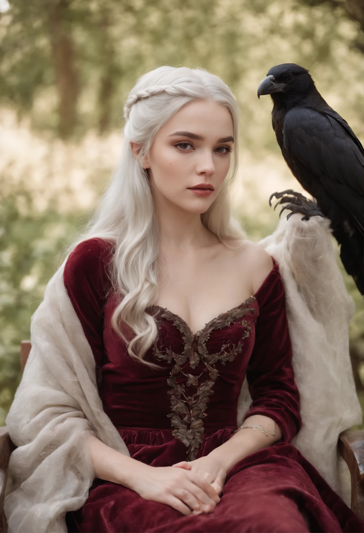 A beautiful princess with long white hair, sitting on a velvet-lined Cardelou chair, with a majestic Sonystr Crow perched on her shoulder, busty, thinker, cute face.
Mystical atmosphere, muted colors, enchanting composition, Canon EOS R5 camera, Fujifilm Pro 400H film, 85mm lens, realistic, natural, details