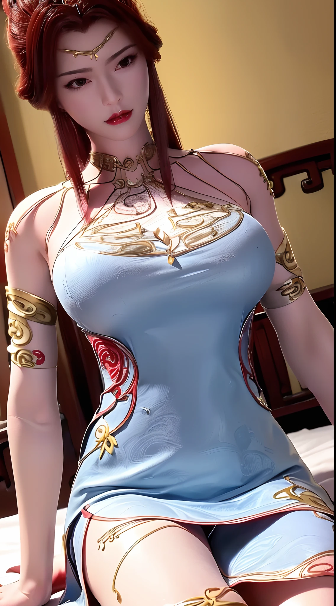 1 beautiful and sexy 20 year old girl, ((wearing a super invisible and sexy red cheongsam:2)), ((Super penetration sexy nightgown with meticulously embroidered embossed patterns:2)), waist-length brown hair, jewelry elaborately made from precious stones and beautiful hair, ((wearing a 24k gold lace necklace:1.4)), the noble, noble style of an extremely beautiful girl, her small face is super cute, her face is very pretty, thin eyebrows, flawless beautiful face, ((black eye pupils: 0.8)), very beautiful eyes, ((brown eyes: 1.6)), (((big round eyes:1.6))), nice makeup and hair detailed eyelashes, steamy eye makeup, high nose, earrings, red lips, ((closed mouth: 1.5)) beautiful lips, slim hands, most beautiful thighs, ((arms spread out to the sides: 1.5)), rosy face, clean face, flawless beautiful face, smooth white skin, (big breasts: 1.5)), tight breasts, beautiful cleavage, (((big breasts and super round: 1.8))), beautiful breasts, perfect body, back arms, chest out, ((sitting position, leaning back with hands behind and chest raised high: 1.8)), ((Open your legs:1.5)), not ashamed, 8k photo, super high quality, super realistic, super 10x pixels, optical, bright studio, bright edges, dual-tone lighting, (high-detail skin:1.2), super 8k, soft lighting, high quality, volumetric lighting, photorealistic, photorealistic high resolution, lighting, best photo, 4k, 8k quality, smooth sharp, 10x pixel, ((Romantic bedroom and white bed background:1.5)), aurora, lightning, super graphics realistic, most realistic graphics, 1 girl, alone, solo, Extremely sharp image, surreal, (((frontal portrait: 1.5)))."