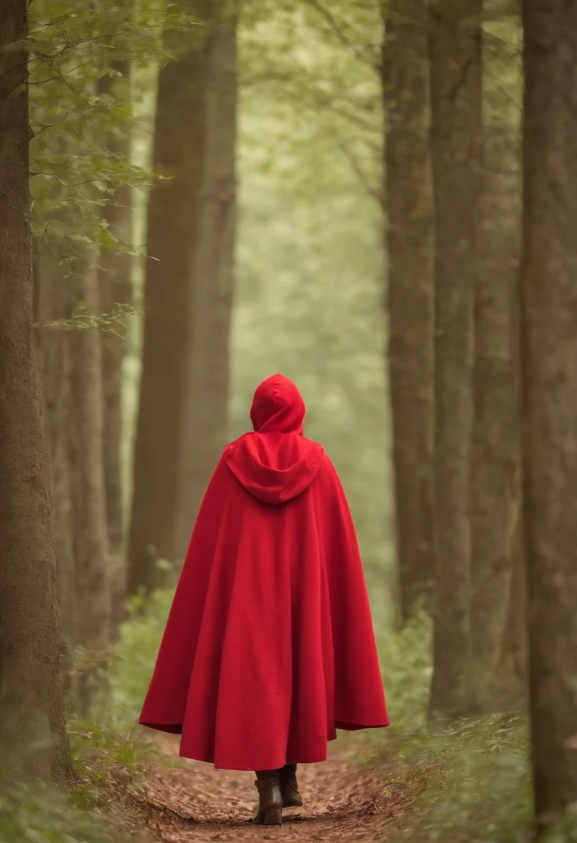Caperucita Roja de pie en un estrecho sendero en el bosque. He wears his iconic red hood and holds a wicker basket. The golden light of the sun penetrates through the leaves of tall trees, crear patrones de sombra en el suelo. A soft fog envelops the trees in the background, giving the scene a creepy feel. Little Red Riding Hood's eyes show determination, but also a dash of curiosity and caution. A su alrededor, Small forest animals peek through the foliage, Mirando con curiosidad, ojos brillantes. Create an image that captures the magical and enigmatic atmosphere of this moment in the enchanted forest.