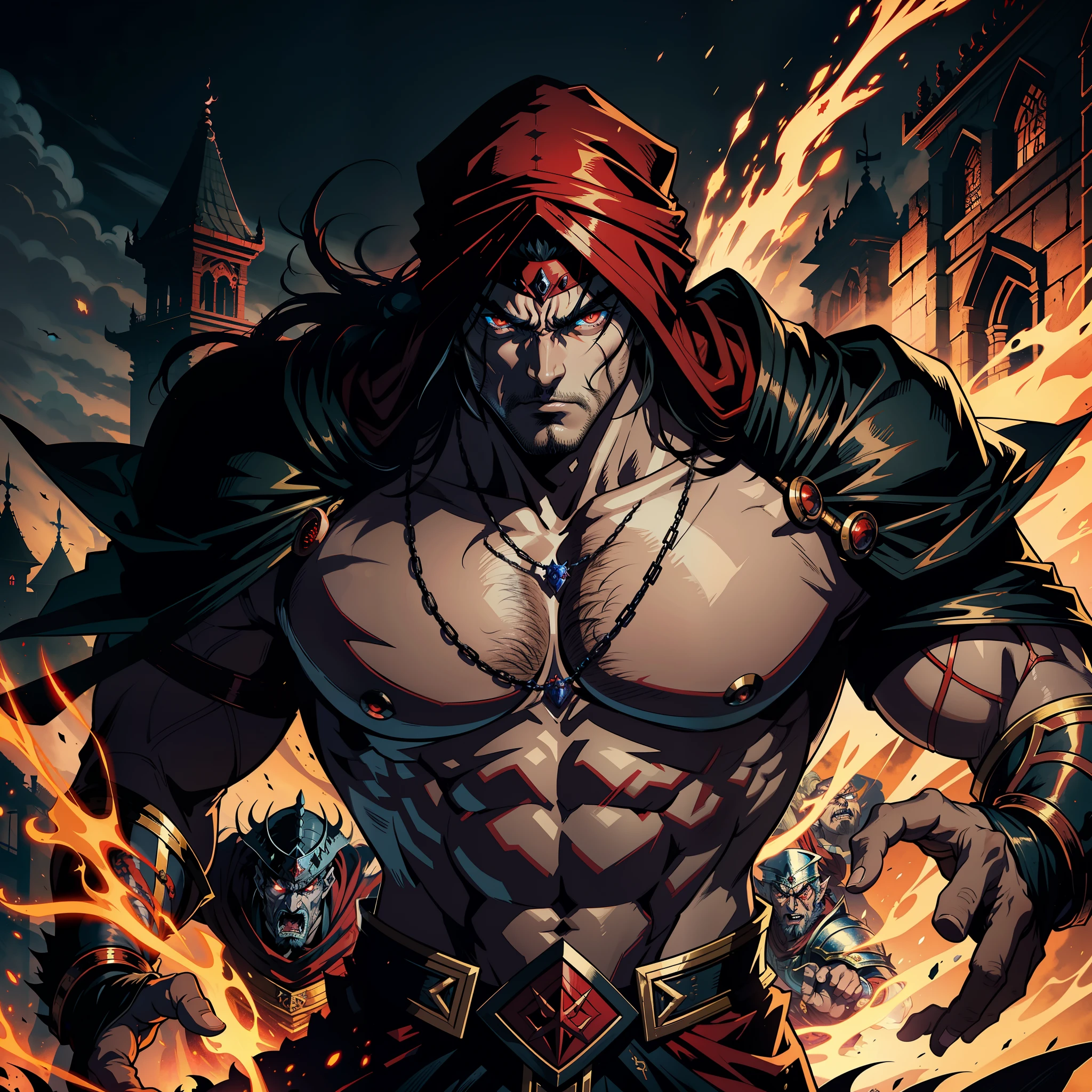 Castlevania Hyper Realistic Shadow Lord Super Detailed Dynamic Shot Master Piece of Lord Dracula Medieval Arab Warrior with Red Turban Scary Face Hokuto No Ken Structure Muscular Face Kenshiro Leading troops Army of demons to fight sharp details Cinematic Scenes Epic Movie Hyper Realistic Legendary Movie Epic Movie