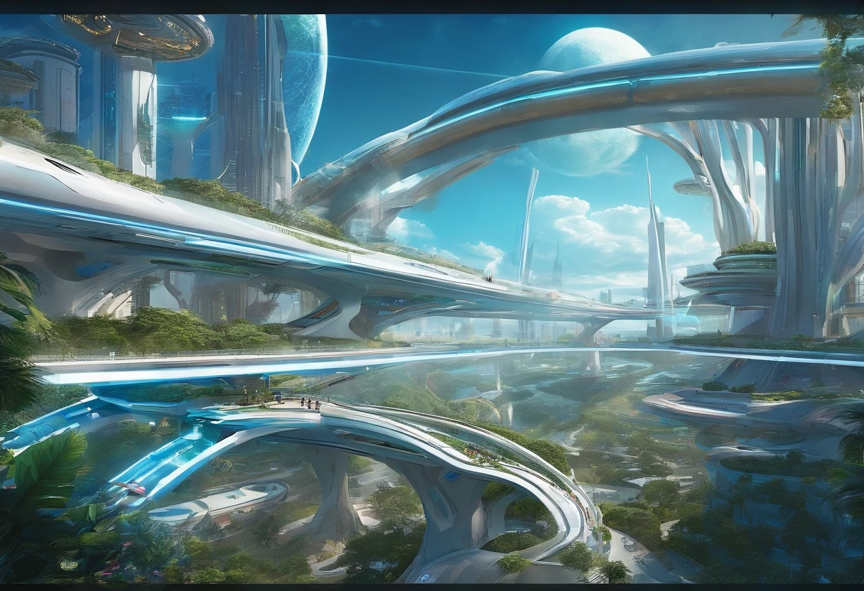 The city of the future,a plant,overpass,oases,with blue sky and white clouds,Multi-element,Lots of detail