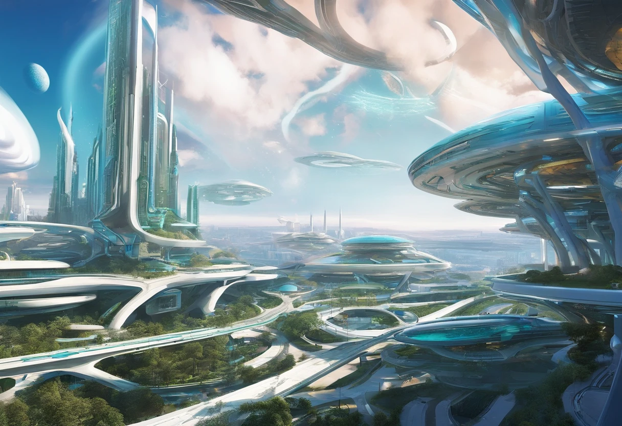 The city of the future,a plant,overpass,oases,with blue sky and white clouds,Multi-element,Lots of detail