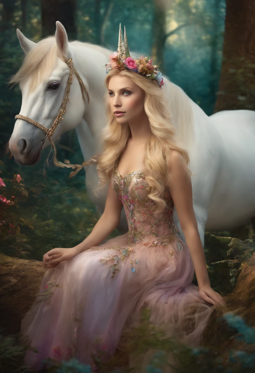 UNICORN WITH 7 YEAR FAIRY WITH BLONDE HAIR IN THE FORREST
