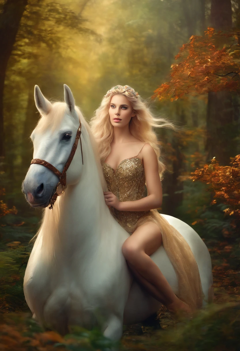 UNICORN WITH 7 YEAR FAIRY WITH BLONDE HAIR IN THE FORREST
